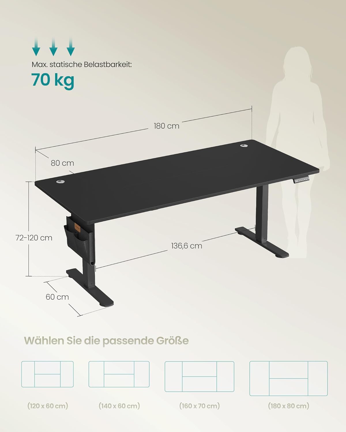 Combi+ Elektrisch höhenverstellbarer Schreibtisch + ergonomischer Bürostuhl – Komplettes Arbeitsplatz-Set – 120 x 60 bis 180 x 80 cm – USB-C-Schnellladegerät
