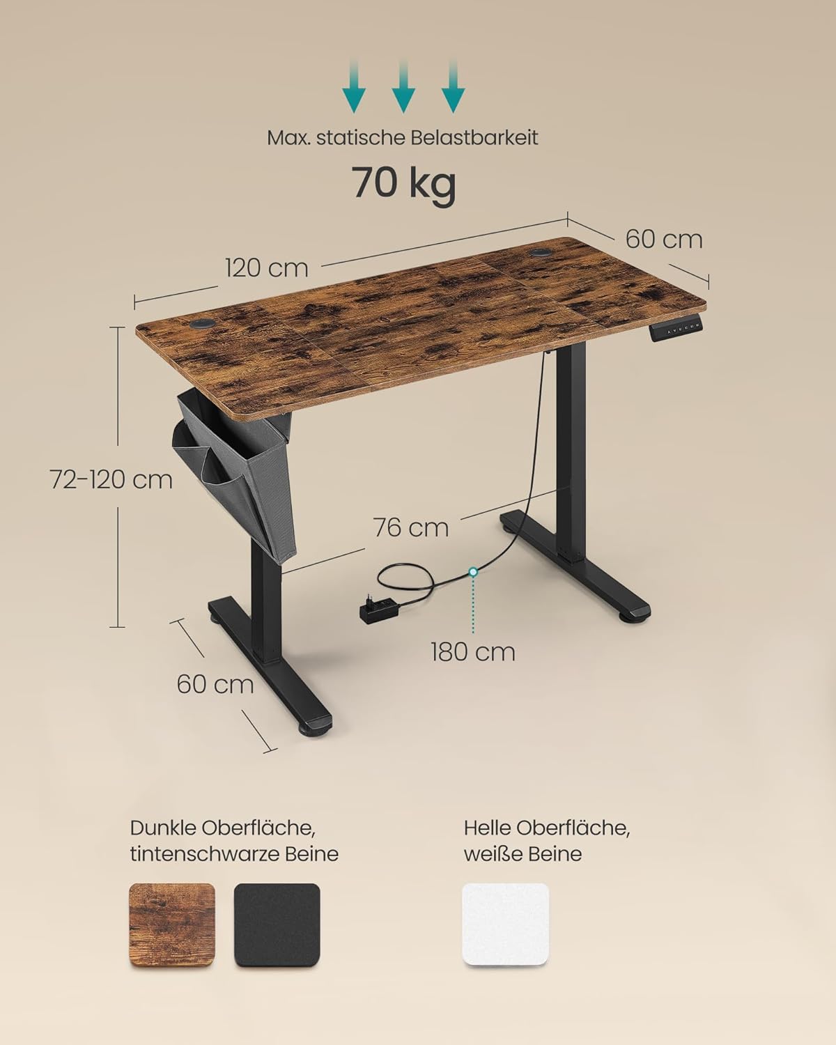Combi+ Elektrisch höhenverstellbarer Schreibtisch + ergonomischer Bürostuhl – Komplettes Arbeitsplatz-Set – 120 x 60 bis 180 x 80 cm – USB-C-Schnellladegerät