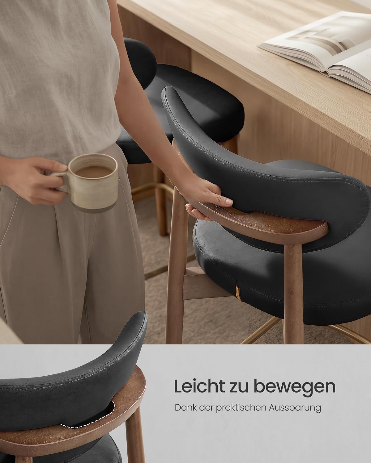 2er-Set Barhocker Mit Rückenlehne - PU-Leder Mit Massiven Holzbeinen - Extra Dickes Sitzkissen