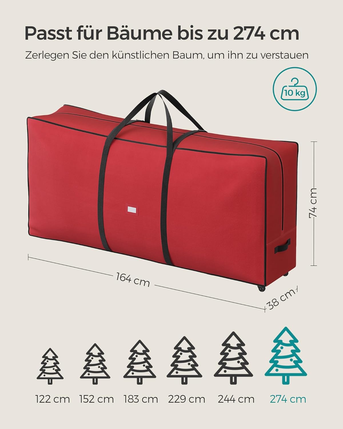 Weihnachtsbaum-Aufbewahrungstasche mit Rollen – Robustes Oxford-Gewebe – Doppelreißverschluss – Für Bäume bis 274 cm