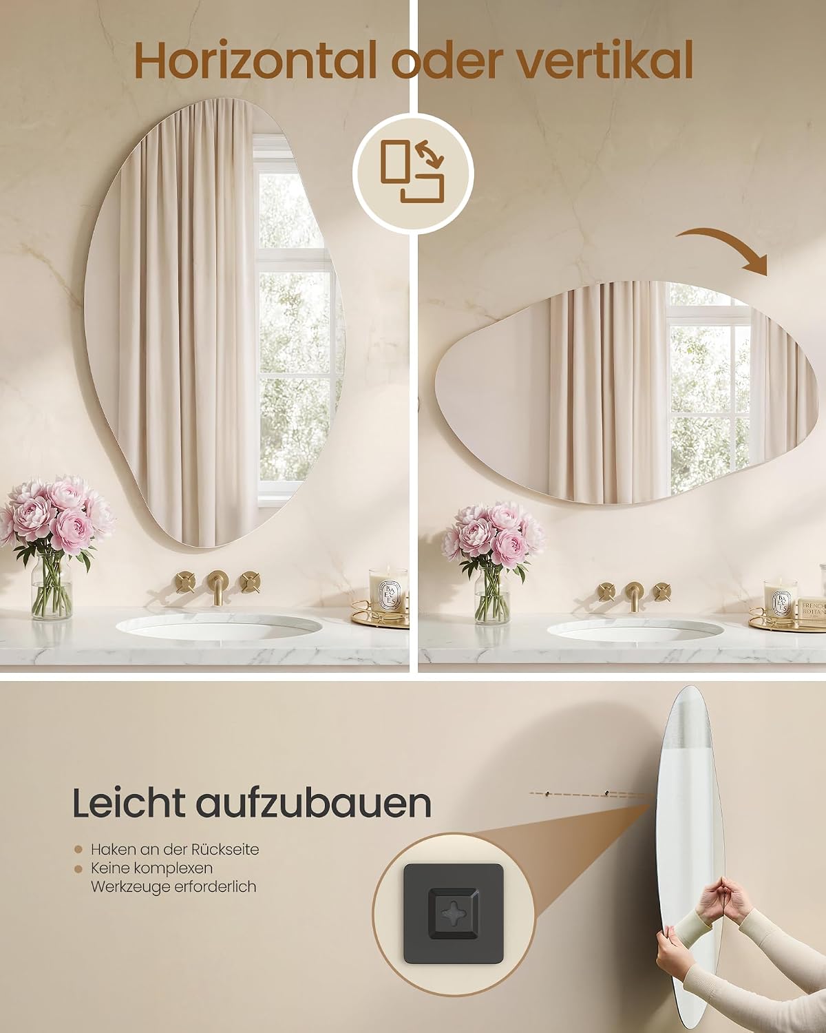 Asymmetrischer Wandspiegel - Organische Blütenform - Rahmenloses Sicherheitsglas