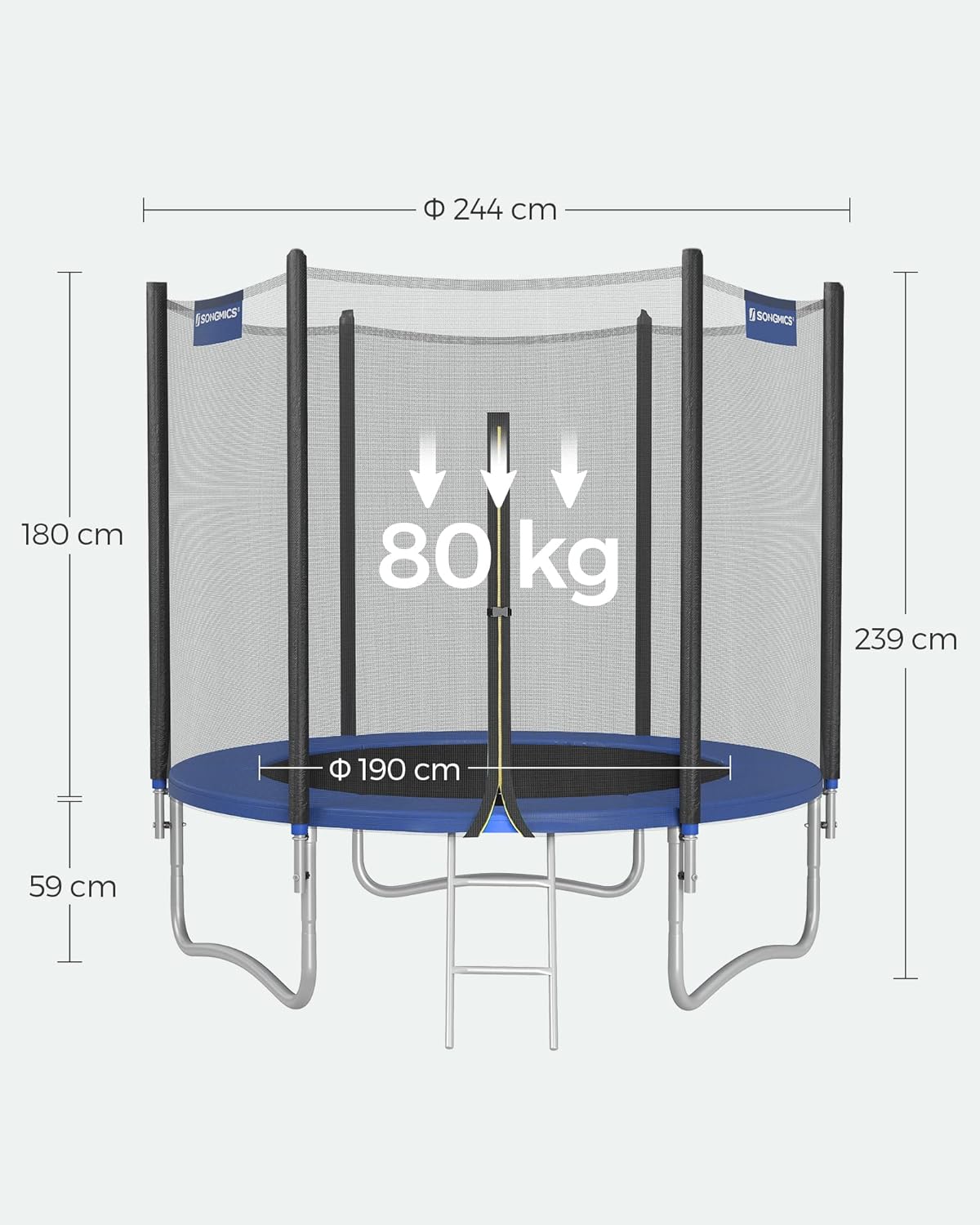 Gartentrampolin – 244 cm – Mit Sicherheitsnetz, Leiter und Randabdeckung – TÜV Rheinland-zertifiziert