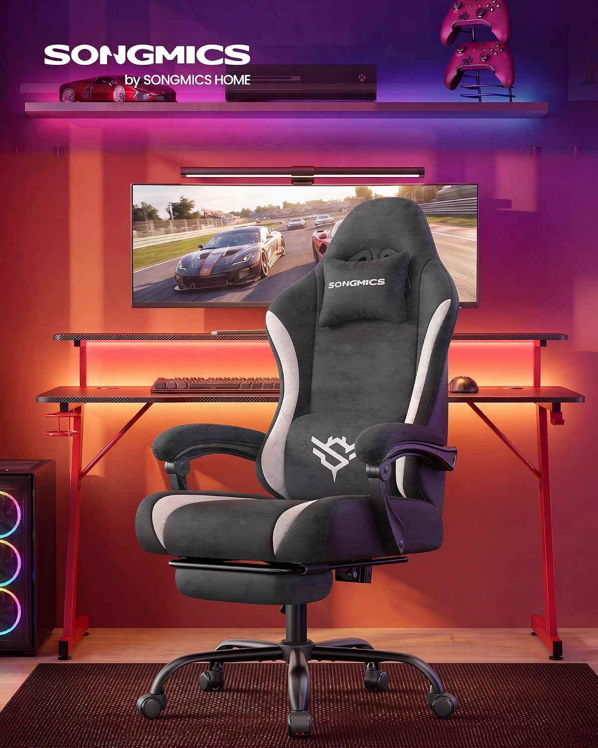 Gaming-Stuhl mit Fußstütze - Kunstwildleder mit Kopfstütze und Lendenkissen - Bis 135° Neigbar