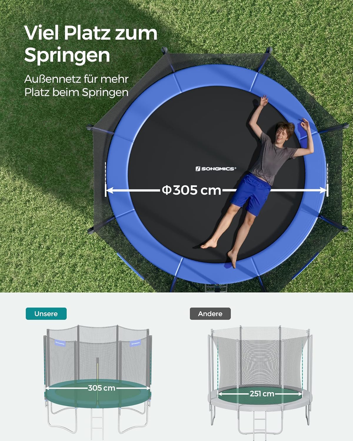 Gartentrampolin – 305 cm – Mit Sicherheitsnetz, Leiter und Randabdeckung – TÜV Rheinland-zertifiziert – Sicherer Sprungspaß