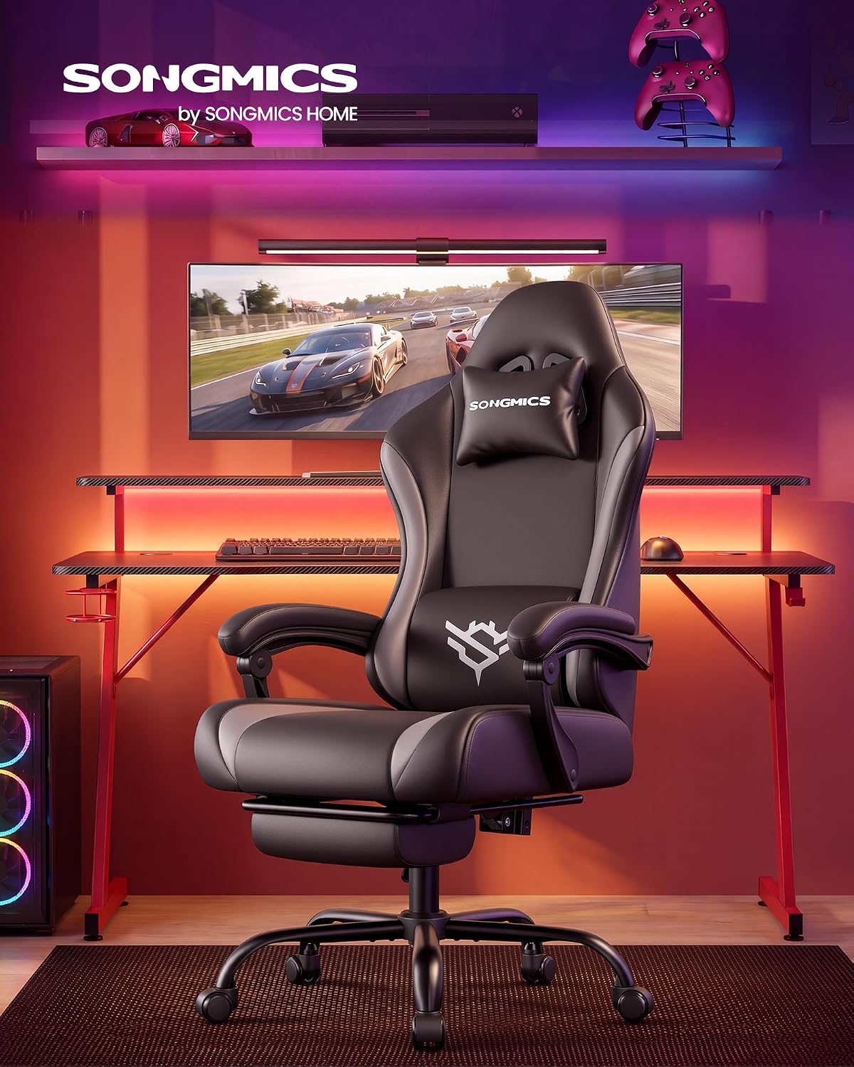Gaming-Stuhl mit Fußstütze - PU-Leder mit Kopfstütze und Lendenkissen - Bis 135° Neigbar