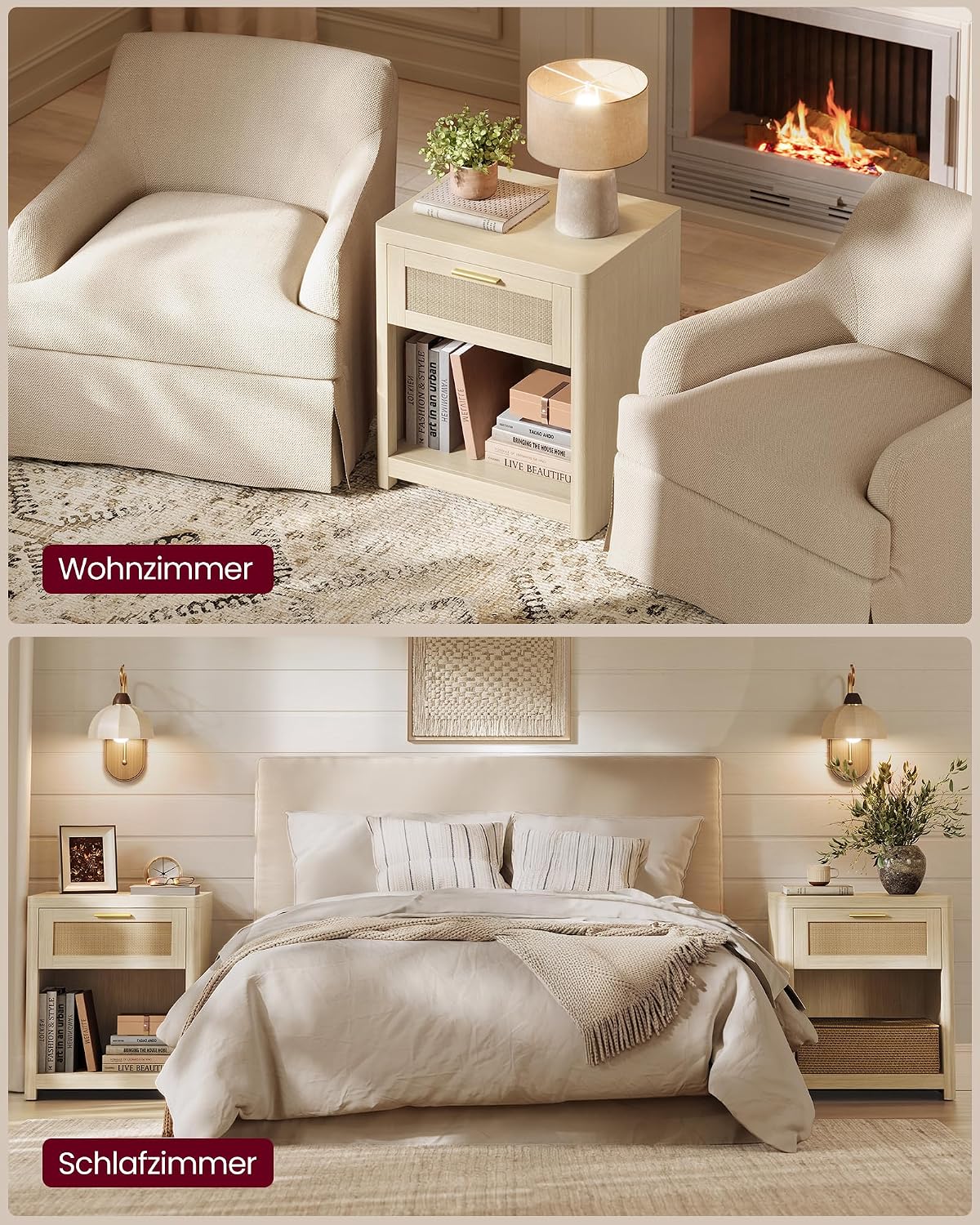 Nachttisch - 2er-Set - Rattan-Optik mit Schublade und Offenem Fach - Boho-Stil