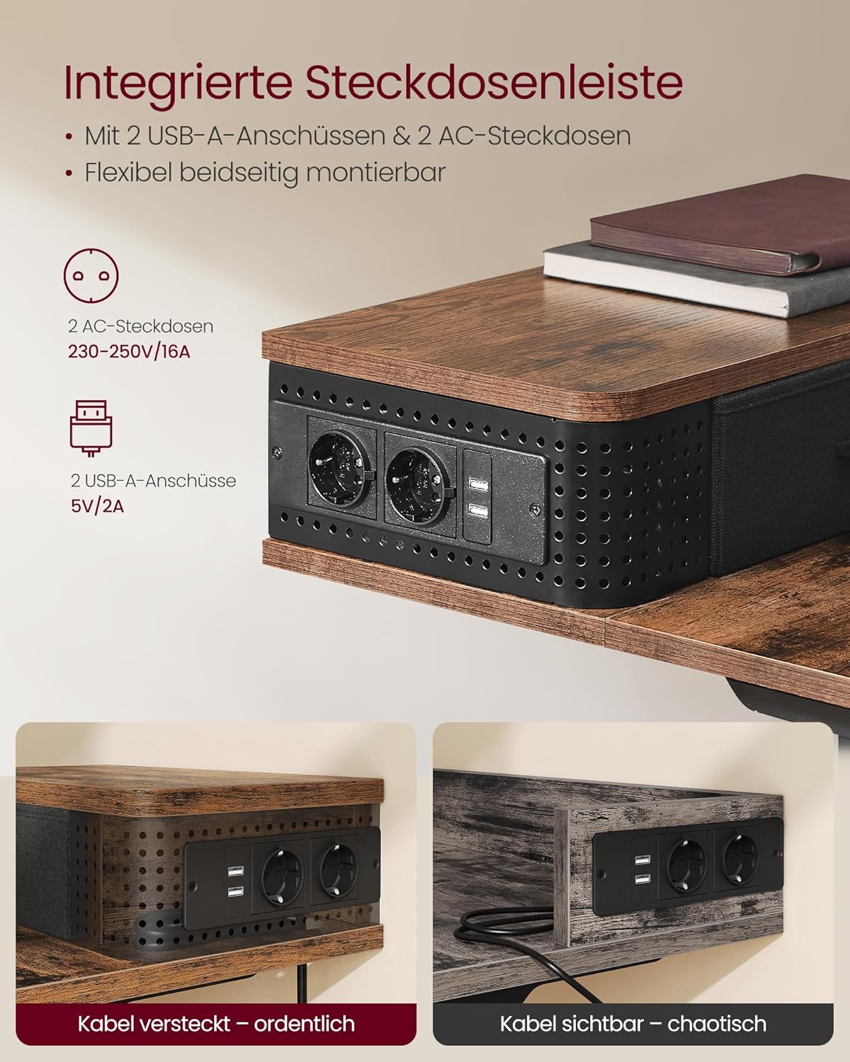 Höhenverstellbarer Schreibtisch – elektrisch – mit Memory-Funktion, Monitorhalterung und Steckdose