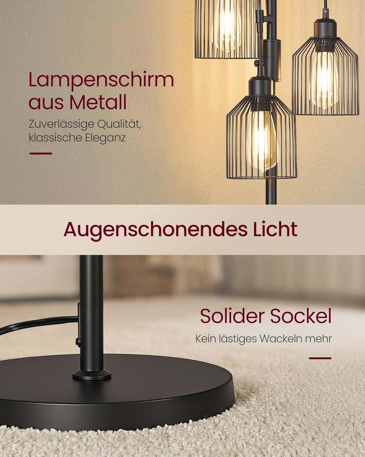 Industrielle Stehlampe 3-Flammig – Dimmbar – Inkl. LED-Lampen – Mattschwarze Stehlampe für Wohnzimmer