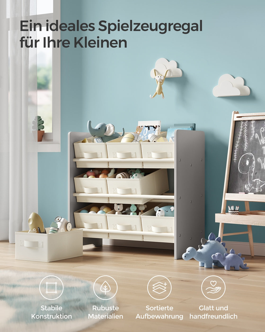 Kinder Aufbewahrungsschrank mit 9 Aufbewahrungsboxen – Spielzeug-Organizer – Bücherregal mit Kippsicherung