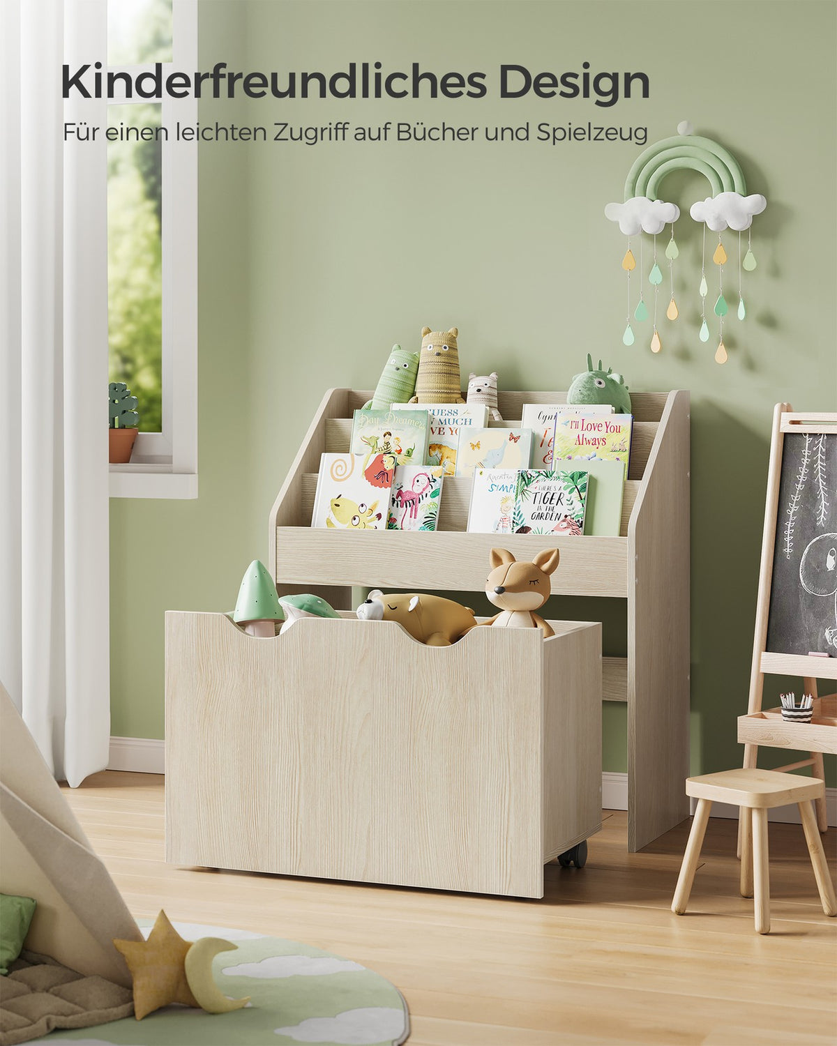 Kinderbücherregal mit Spielzeugkiste – mit Rollen und Kippschutz – 62,5 cm breit