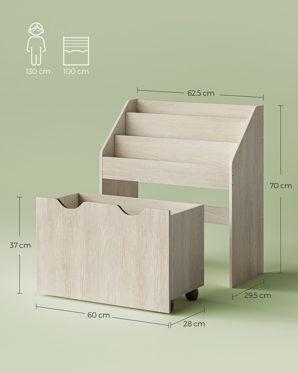 Kinderbücherregal mit Spielzeugkiste – mit Rollen und Kippschutz – 62,5 cm breit