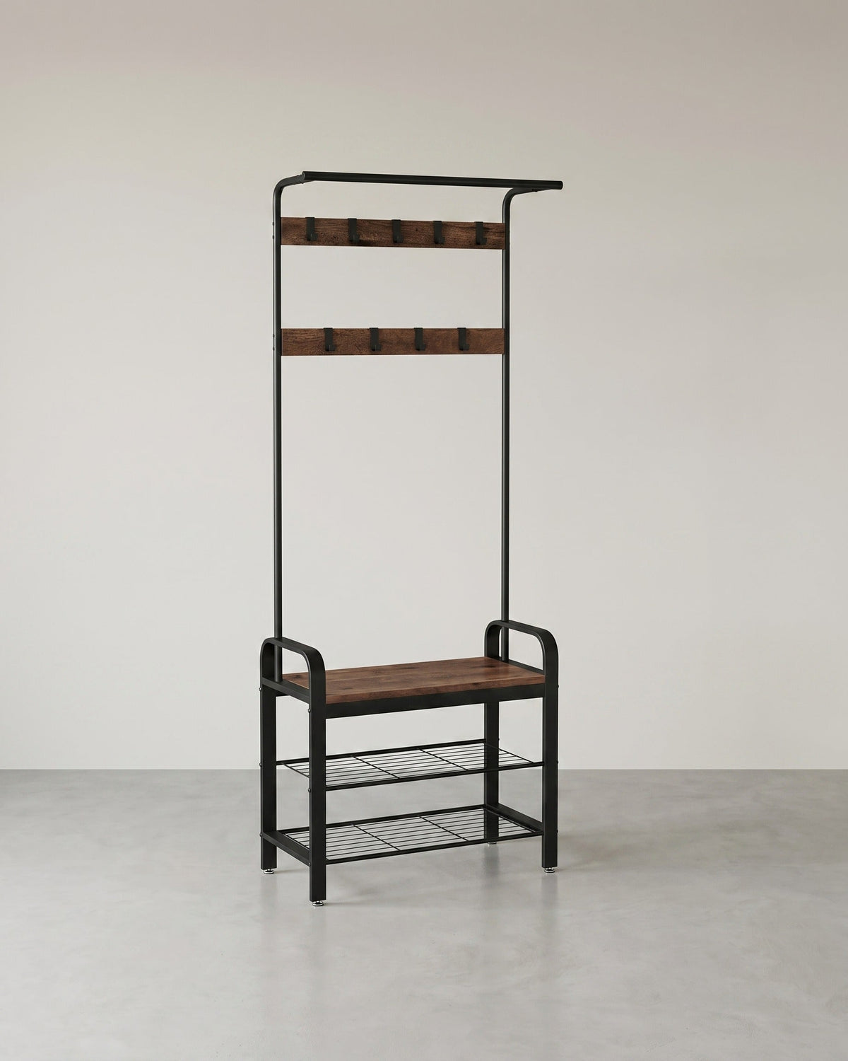 Garderobenständer 4-in-1 – Garderobenständer + Kleiderstange + Sitzbank + Schuhregal – Industrieller Stahl & Holz – Flur