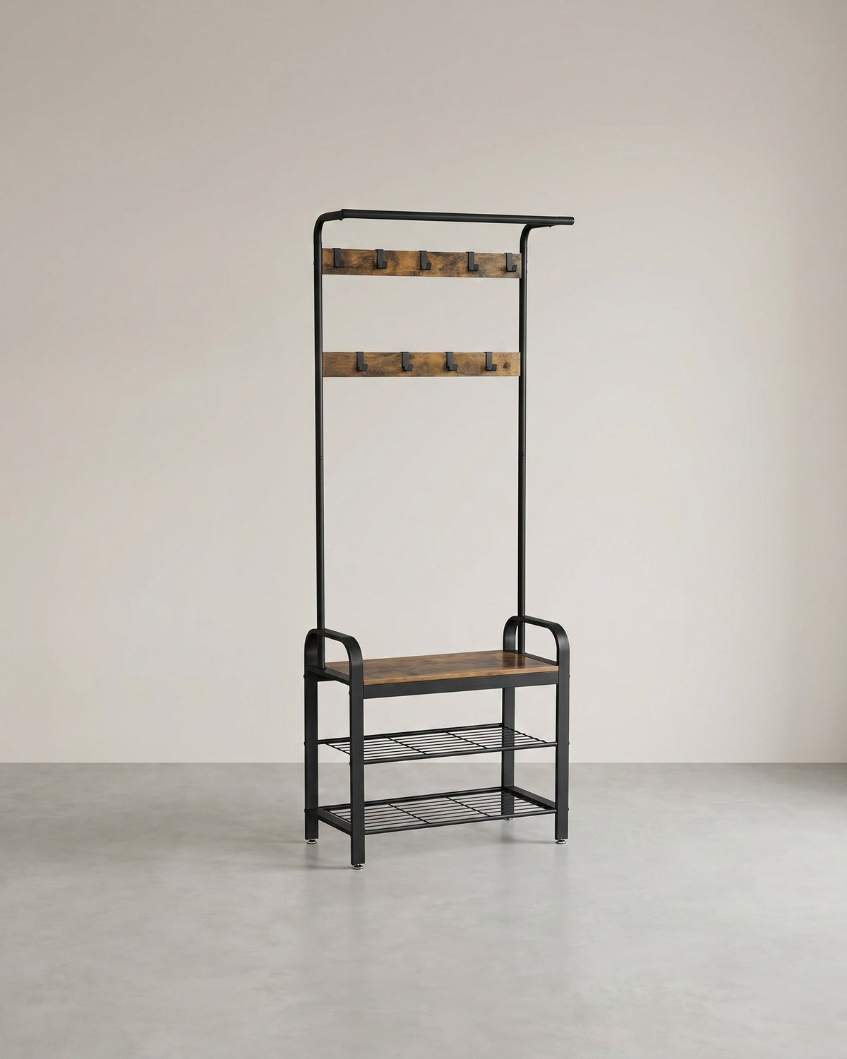Garderobe mit Schuhregal & Sitzbank – Industriedesign Holz & Metall – 9 Haken + Kleiderstange – Flurmöbel