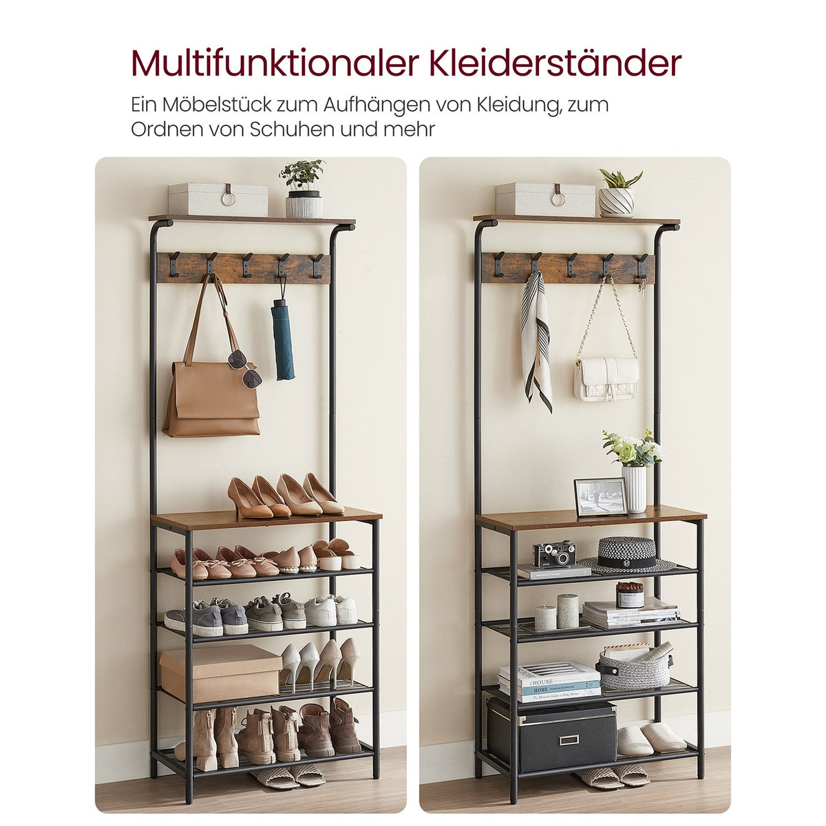 Garderobenständer – Garderobenregal mit 5 Ablagen, 5 Doppelhaken und oberer Ablage – Industriedesign