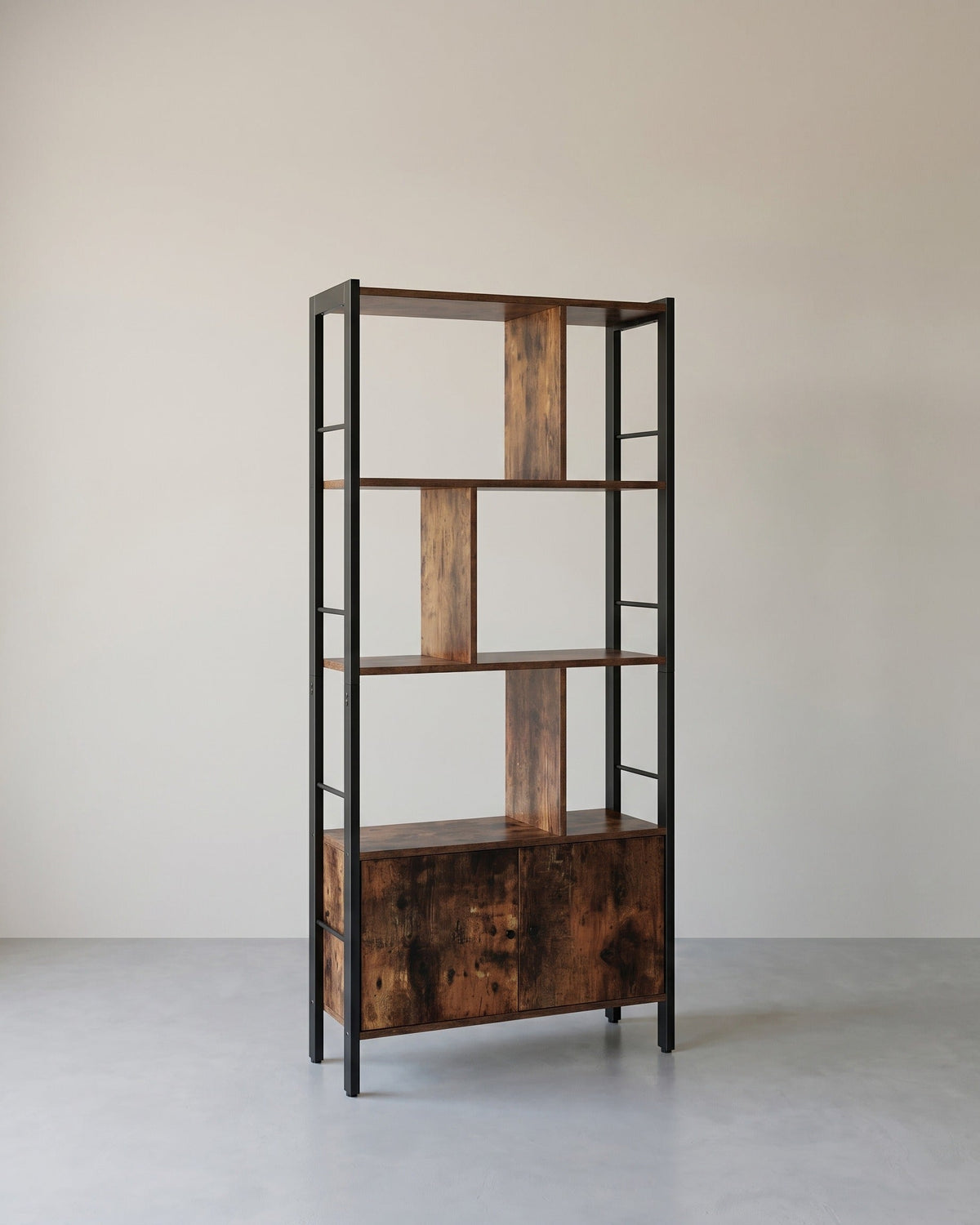 Bücherregal Industriedesign mit Zickzack-Design – 4 offene Böden + Schrank mit Türen – für Wohnzimmer & Büro