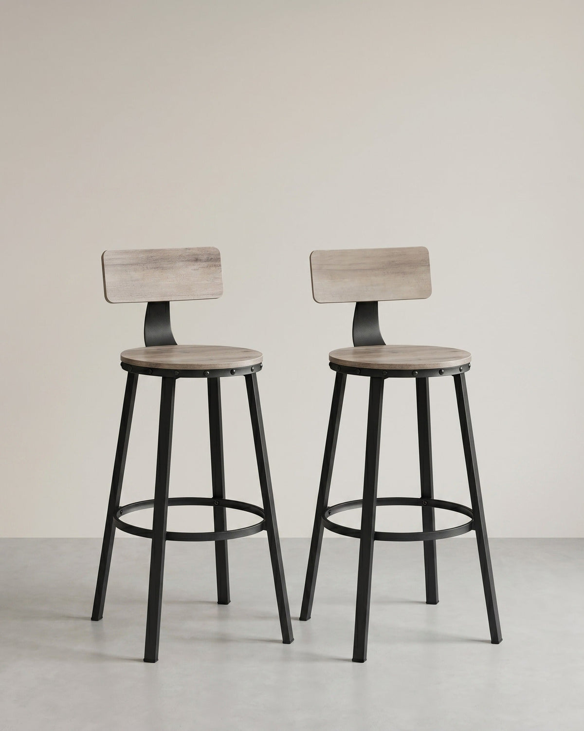 Industrielle Barhocker – 2er-Set – Vintage-Holzsitz