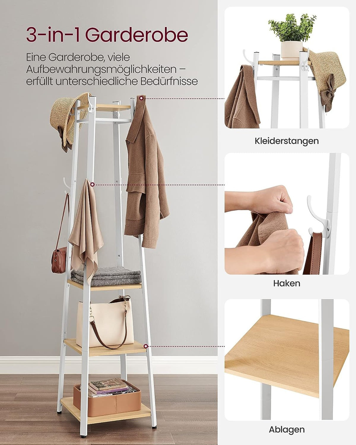 Garderobenständer – Vintage-Garderobe – mit Ablagen, Haken und Kleiderstange – stabil