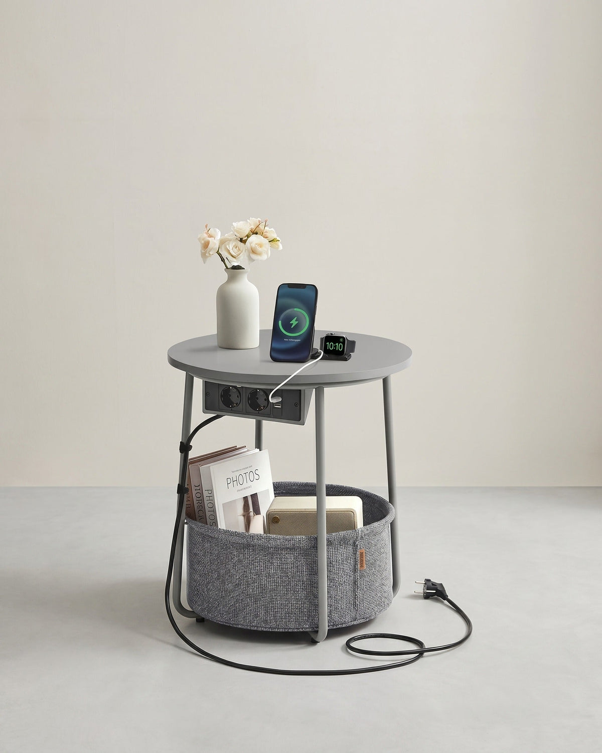 Beistelltisch mit Steckdose und USB-Anschluss - mit Korb - Moderner Tisch