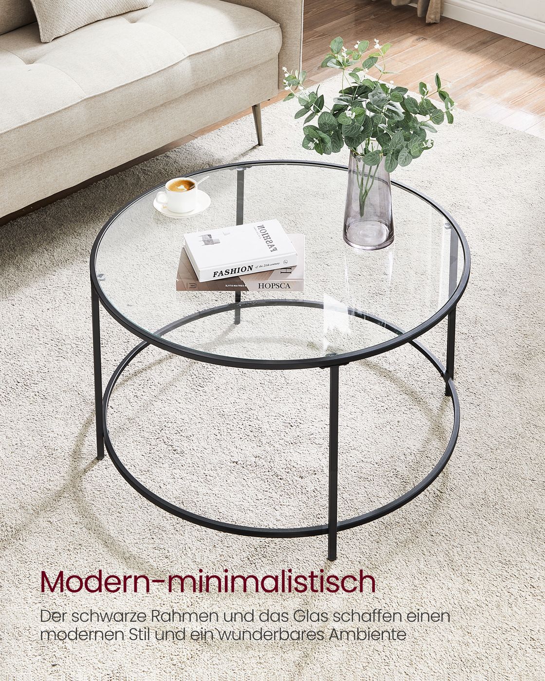 Runder Couchtisch mit Glasplatte – gehärtetes Glas – moderner Retro-Beistelltisch für das Wohnzimmer