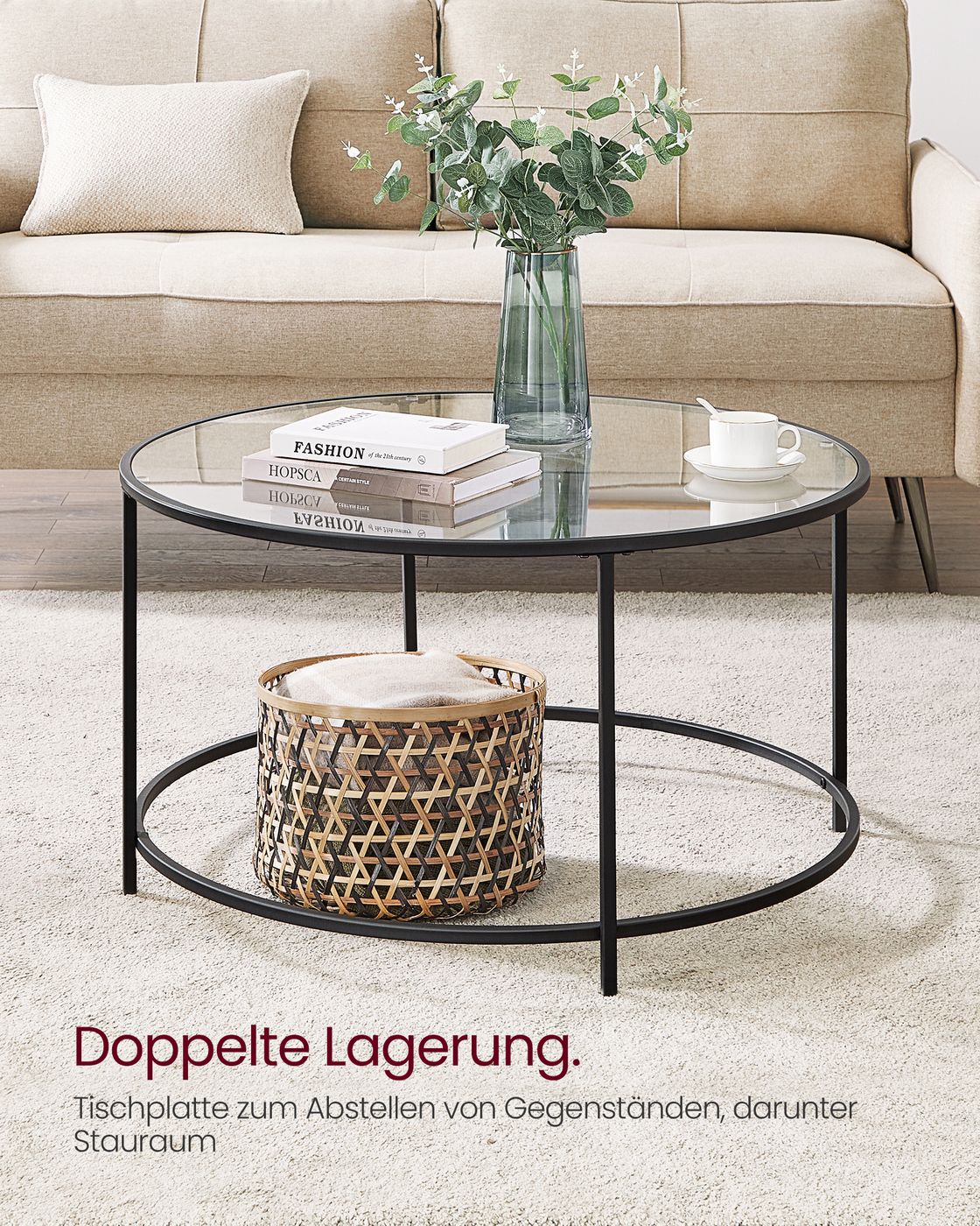 Runder Couchtisch mit Glasplatte – gehärtetes Glas – moderner Retro-Beistelltisch für das Wohnzimmer