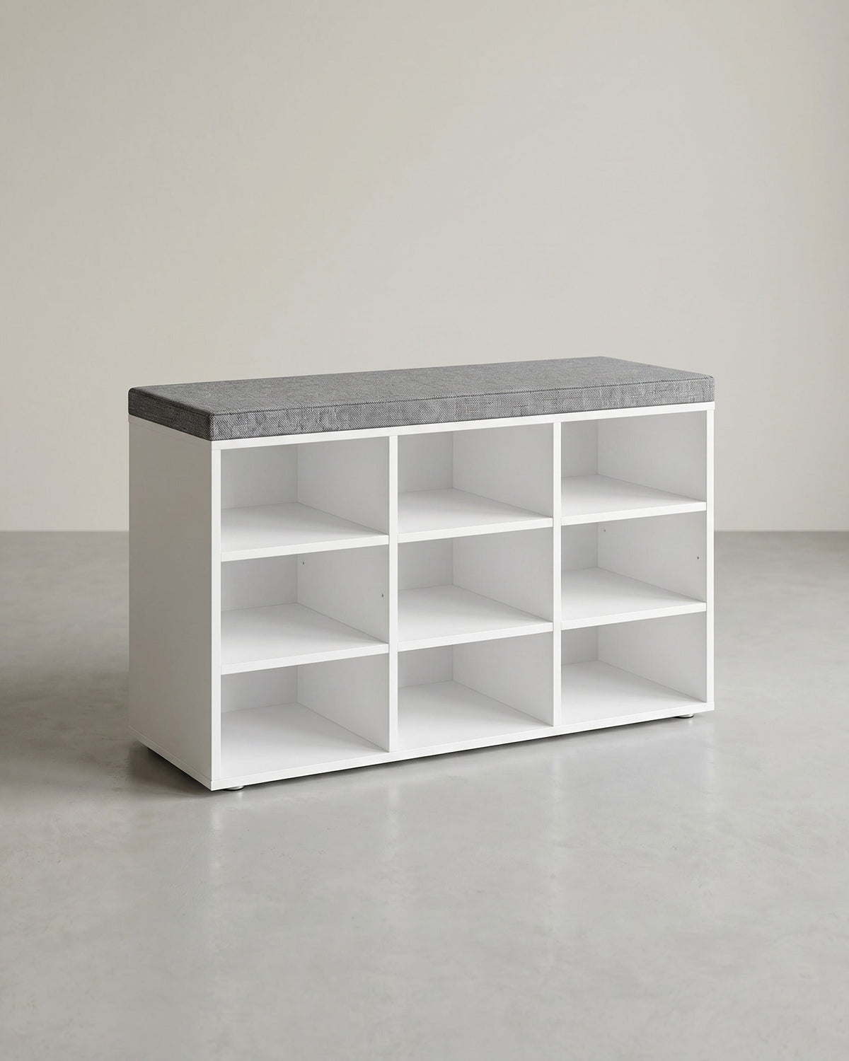Aufbewahrungsboxen – Schuhbank mit Stauraum – 9 Fächer – Verstellbare Böden – 30,3 x 78,5 x 48 cm – Spanplatte – Schaumstoff – Leinenoptik-Bezug – Max. Belastbarkeit 136 kg