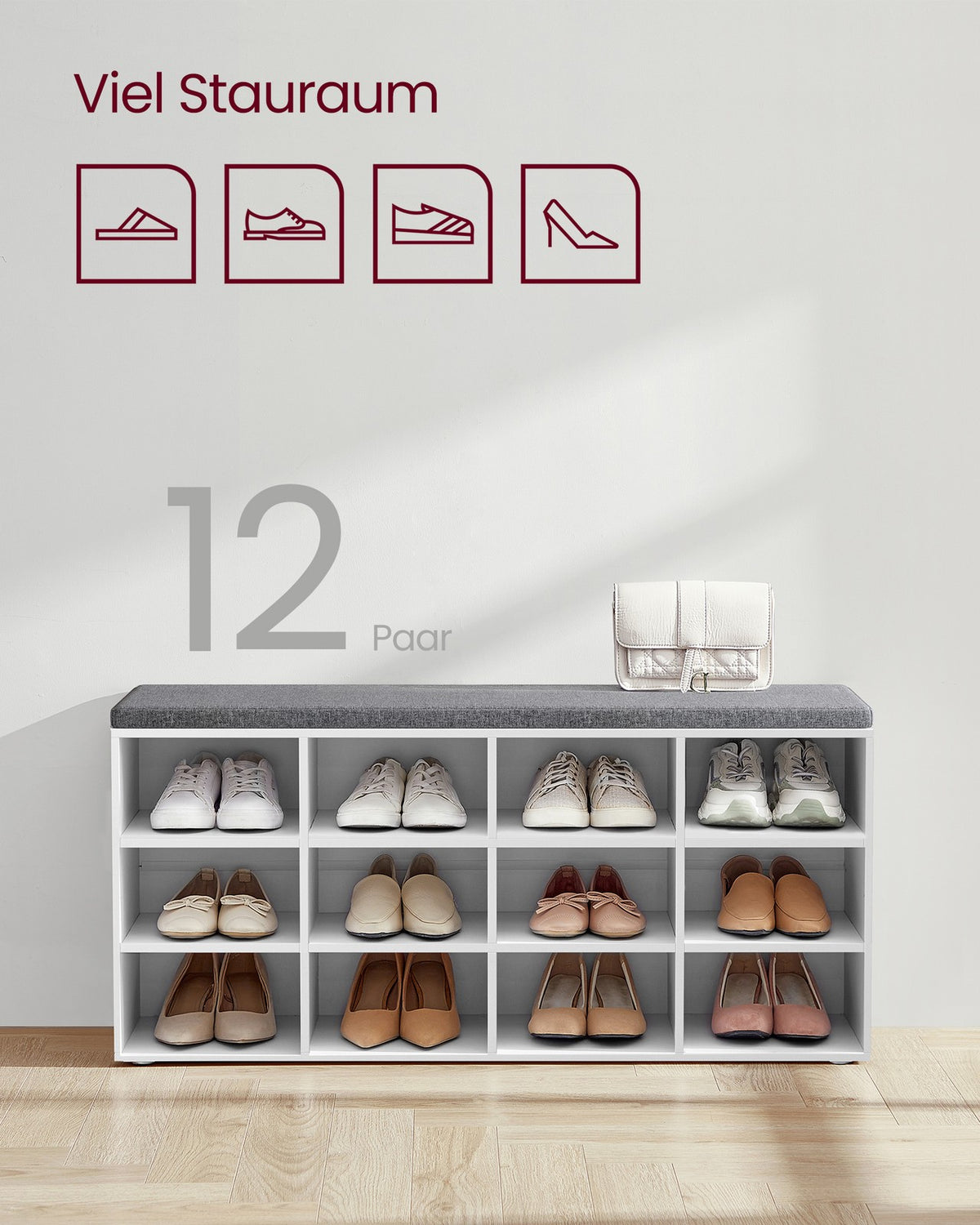 Aufbewahrungsboxen – Schuhbank mit Stauraum – 9 Fächer – Verstellbare Böden – 30,3 x 78,5 x 48 cm – Spanplatte – Schaumstoff – Leinenoptik-Bezug – Max. Belastbarkeit 136 kg