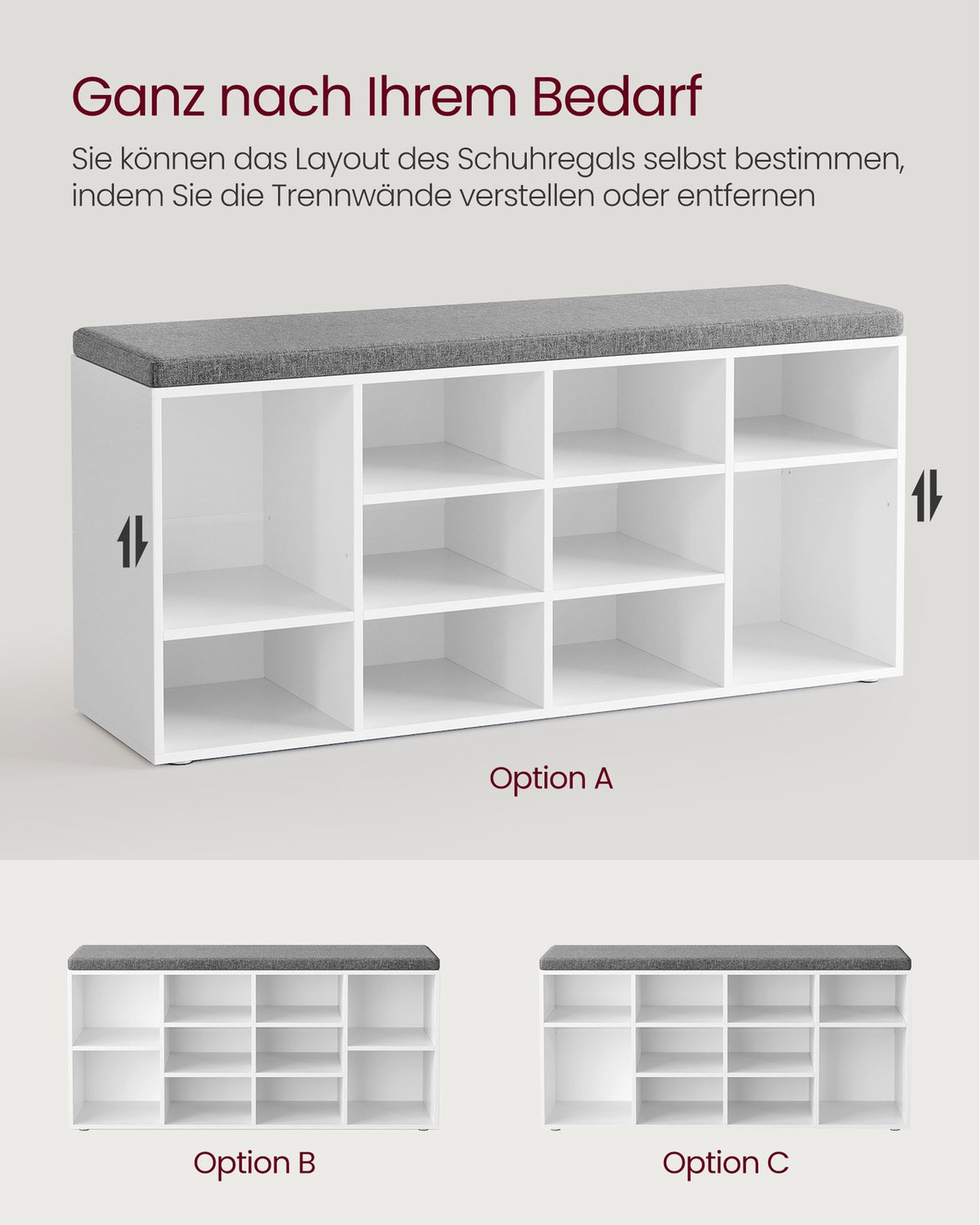 Aufbewahrungsboxen – Schuhbank mit Stauraum – 9 Fächer – Verstellbare Böden – 30,3 x 78,5 x 48 cm – Spanplatte – Schaumstoff – Leinenoptik-Bezug – Max. Belastbarkeit 136 kg
