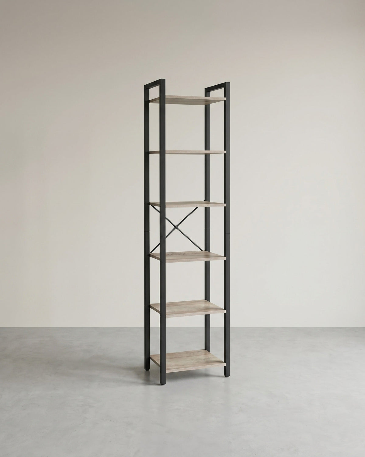 Bücherregal Industriedesign – 6 Ebenen – schmal 40 cm – schwarzer Metallrahmen mit Holzoptik – für Wohnzimmer & Büro