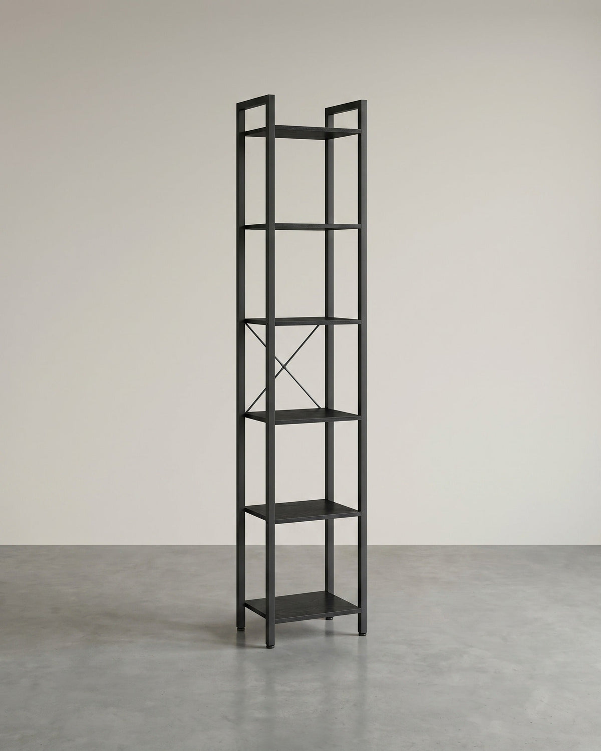 Bücherregal Industriedesign – 6 Ebenen – schmal 40 cm – schwarzer Metallrahmen mit Holzoptik – für Wohnzimmer & Büro
