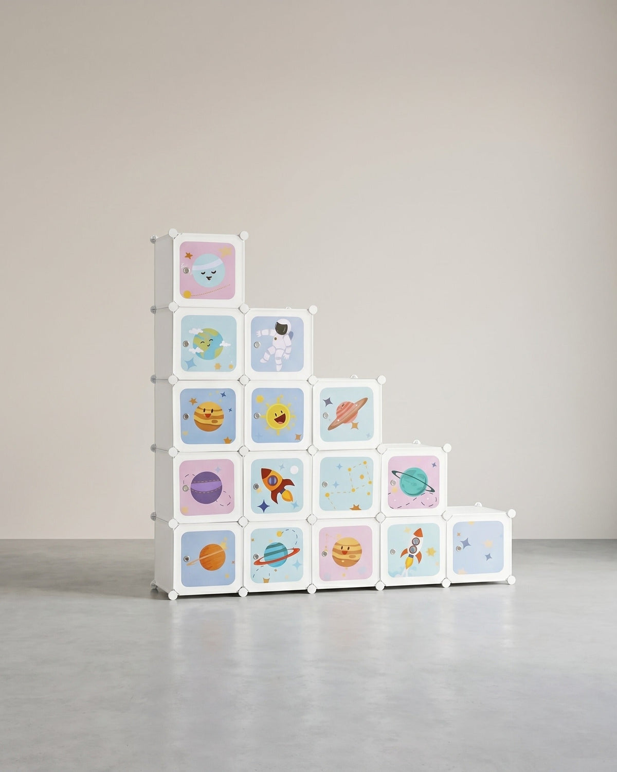 Würfelregal mit Weltraummotiv – Kinderkleiderschrank mit 16 Fächern – inkl. Türen, Hammer- und Kippschutz – 123 x 123 cm