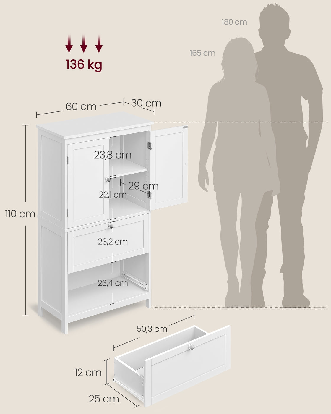 Badezimmerschränke – 30 x 60 x 110 cm – 2 Türen – 2 Schubladen – MDF – Verstellbarer Boden – 18,5 kg – Maximale Belastung 136 kg