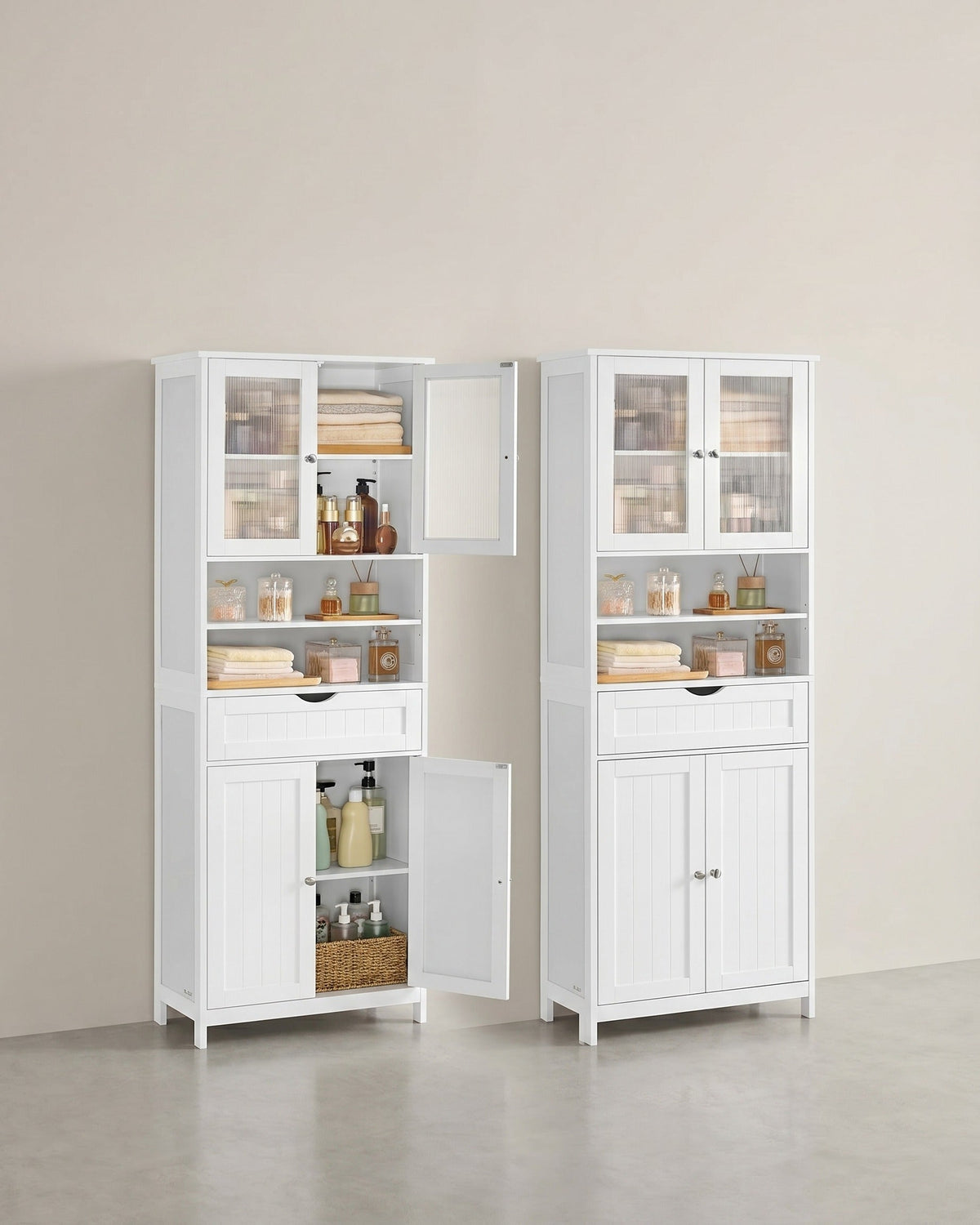 Badezimmerschrank hoch 170 cm – mit oder ohne LED-Beleuchtung – verstellbare Böden, Schublade & offene Fächer – Weiß