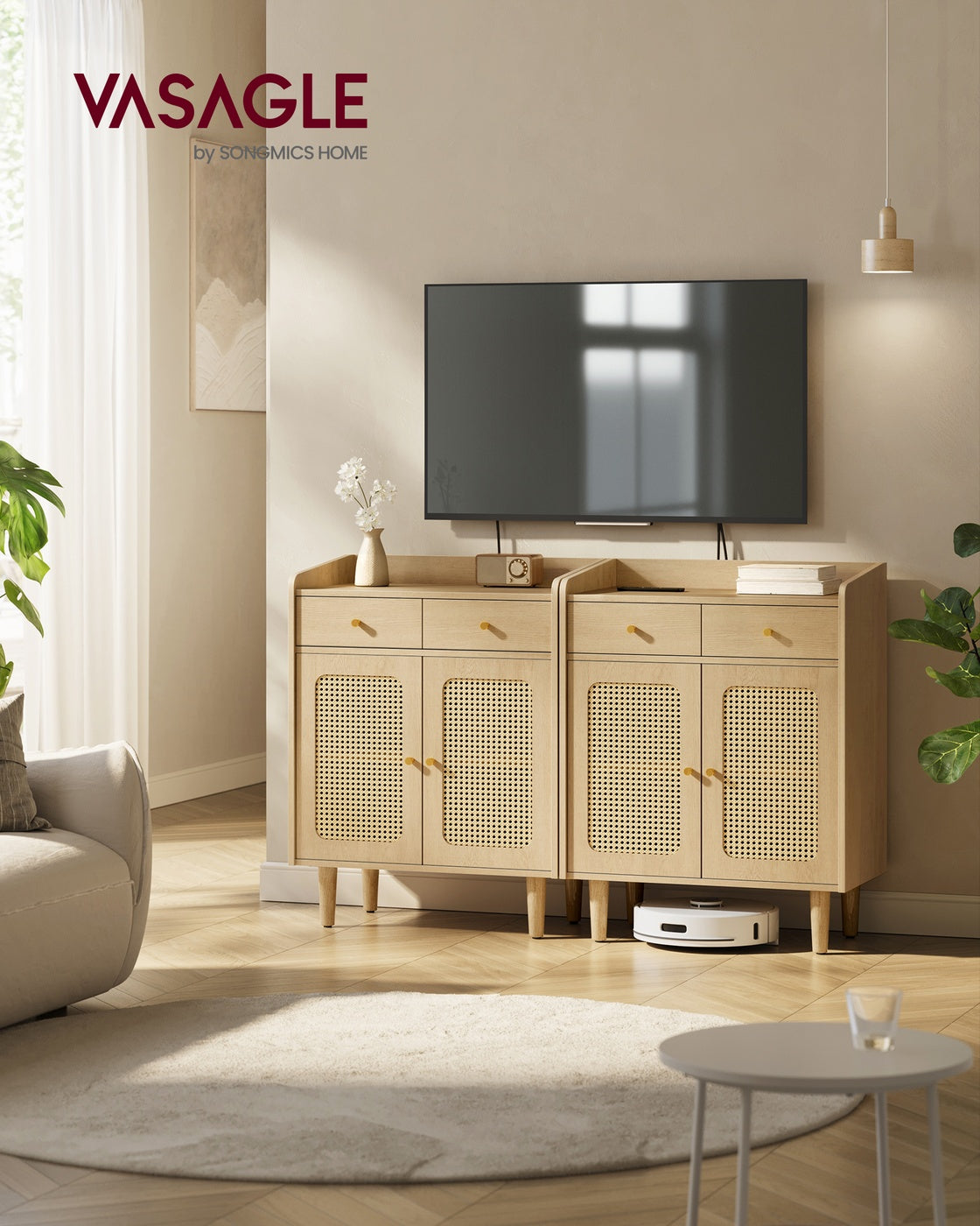 Sideboard – Stilvoller Aufbewahrungsschrank mit Rattan- und Massivholzbeinen