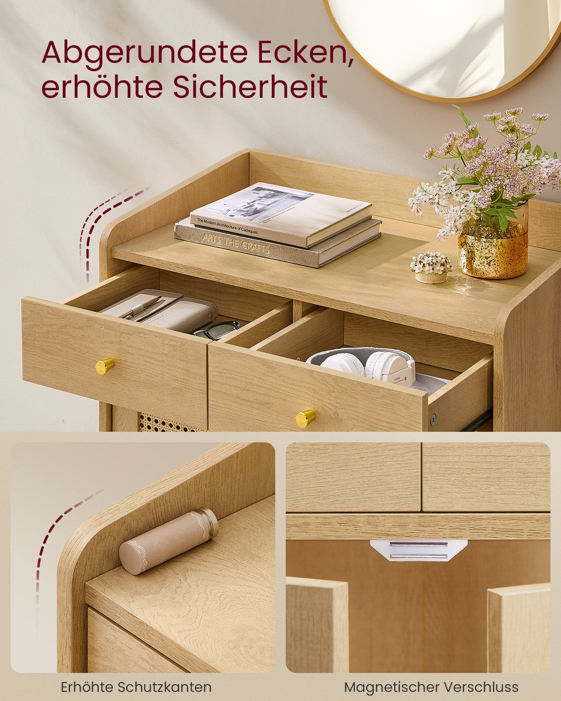 Sideboard Bohoven - Mit Rattan-Optik-Türen - Für Wohnzimmer, Flur Oder Schlafzimmer