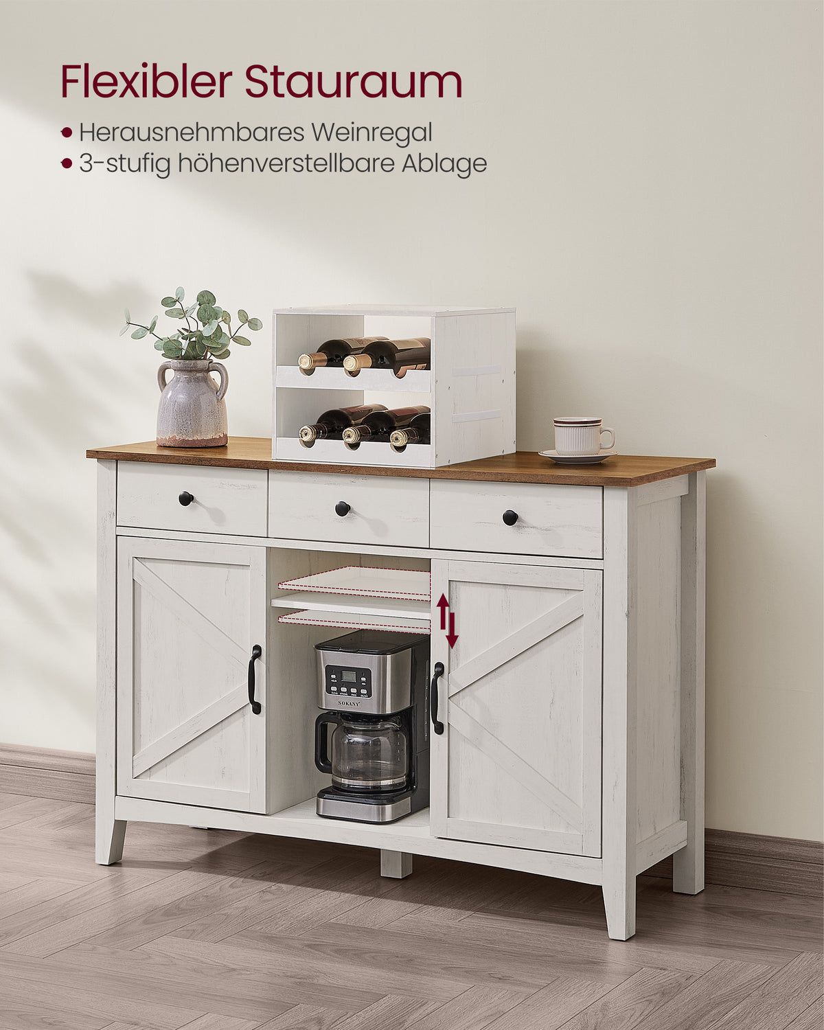 Sideboard mit Schiebetüren – Küchenschrank mit Weinregal – Landhausstil – 114,5 cm breit