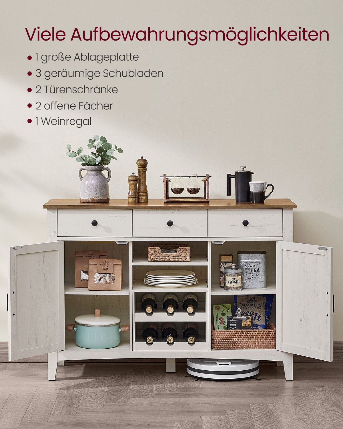 Sideboard mit viel Stauraum – Sideboard im Landhausstil – Kabelmanagement & verstellbare Einlegeböden