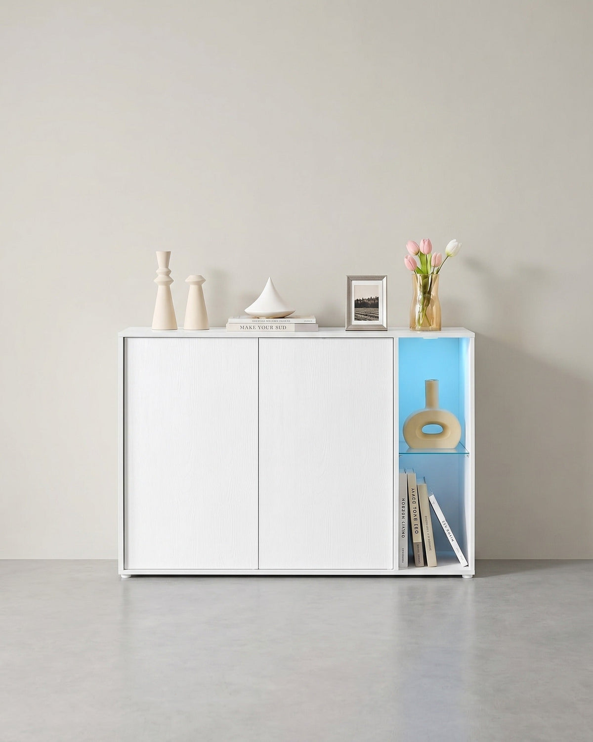 Lagerschrank mit LED-Beleuchtung - Sideboard mit offenen und geschlossenen Fächern