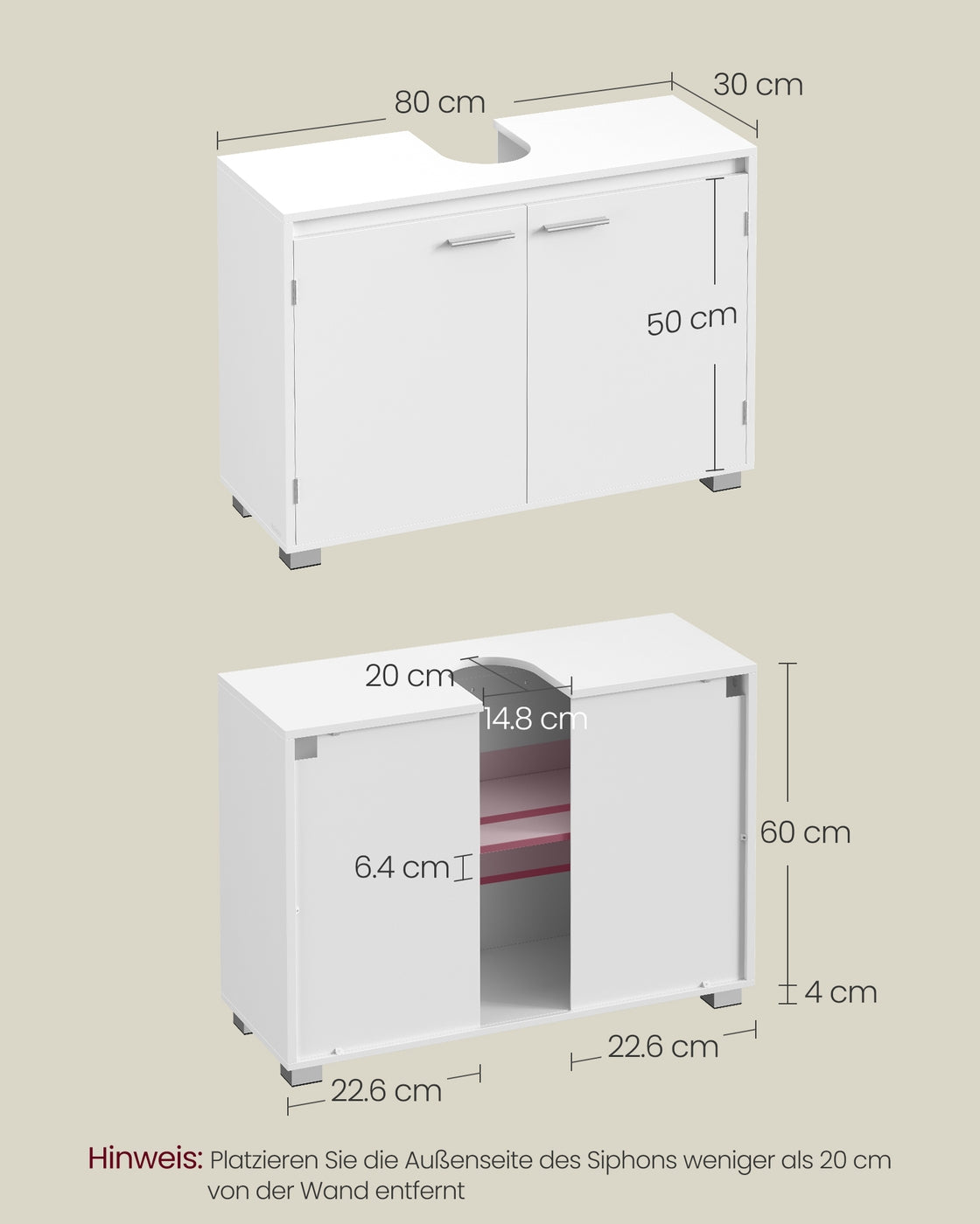 Badezimmerschrank für Waschbecken – Waschtischmöbel ohne Säule – Weiß – 60 oder 80 cm