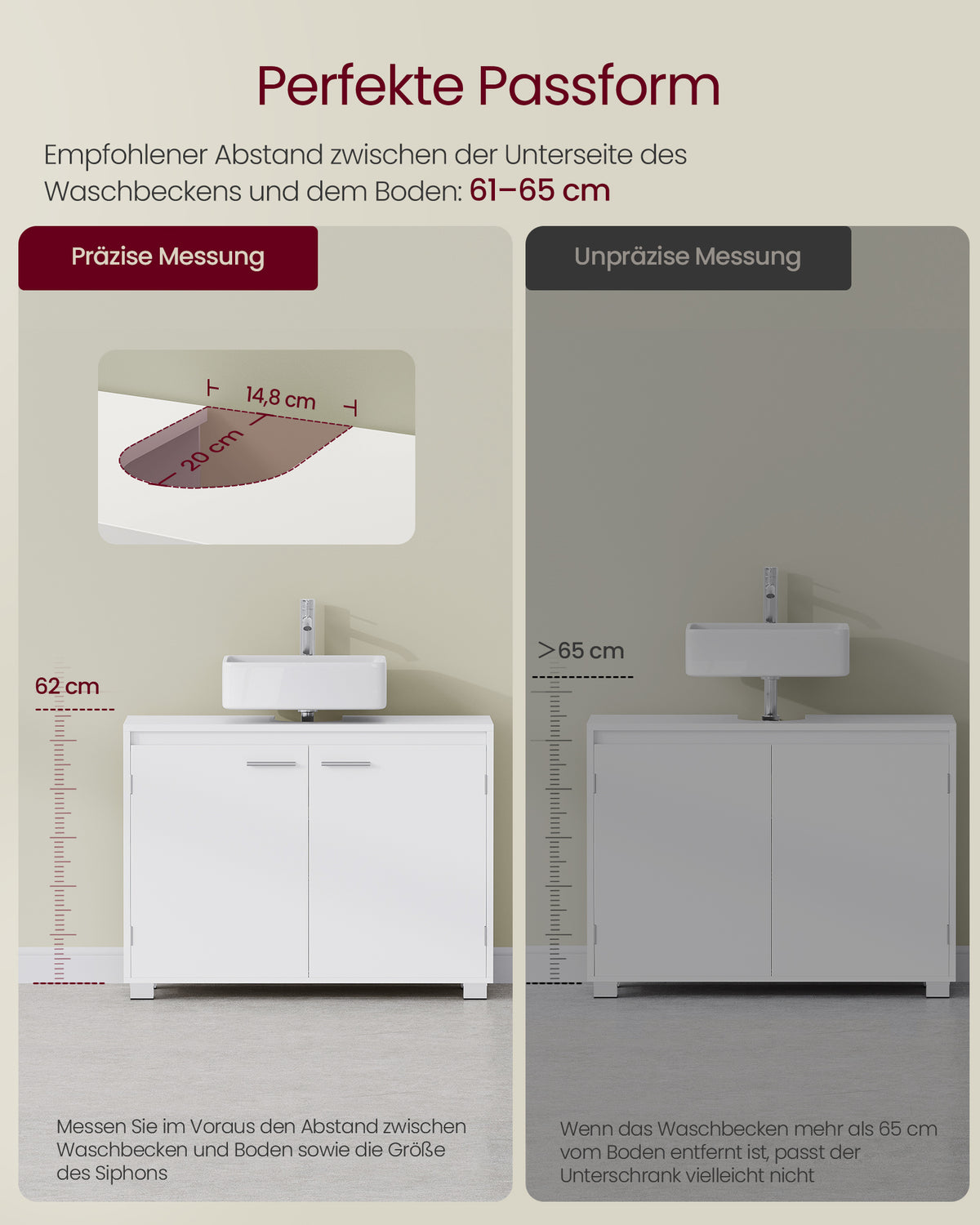 Badezimmerschrank für Waschbecken – Waschtischmöbel ohne Säule – Weiß – 60 oder 80 cm