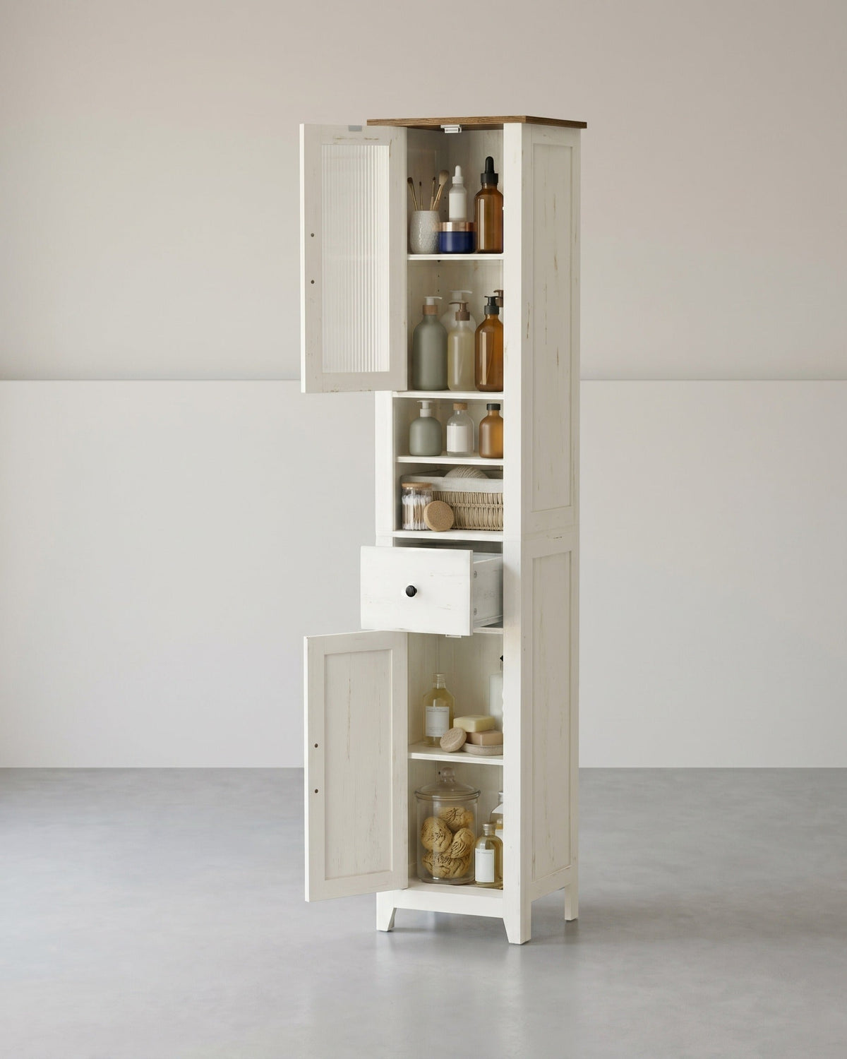 Badezimmerschrank Im Landhausstil - Schmaler Badschrank Mit Schublade Und Böden - Für Badezimmer