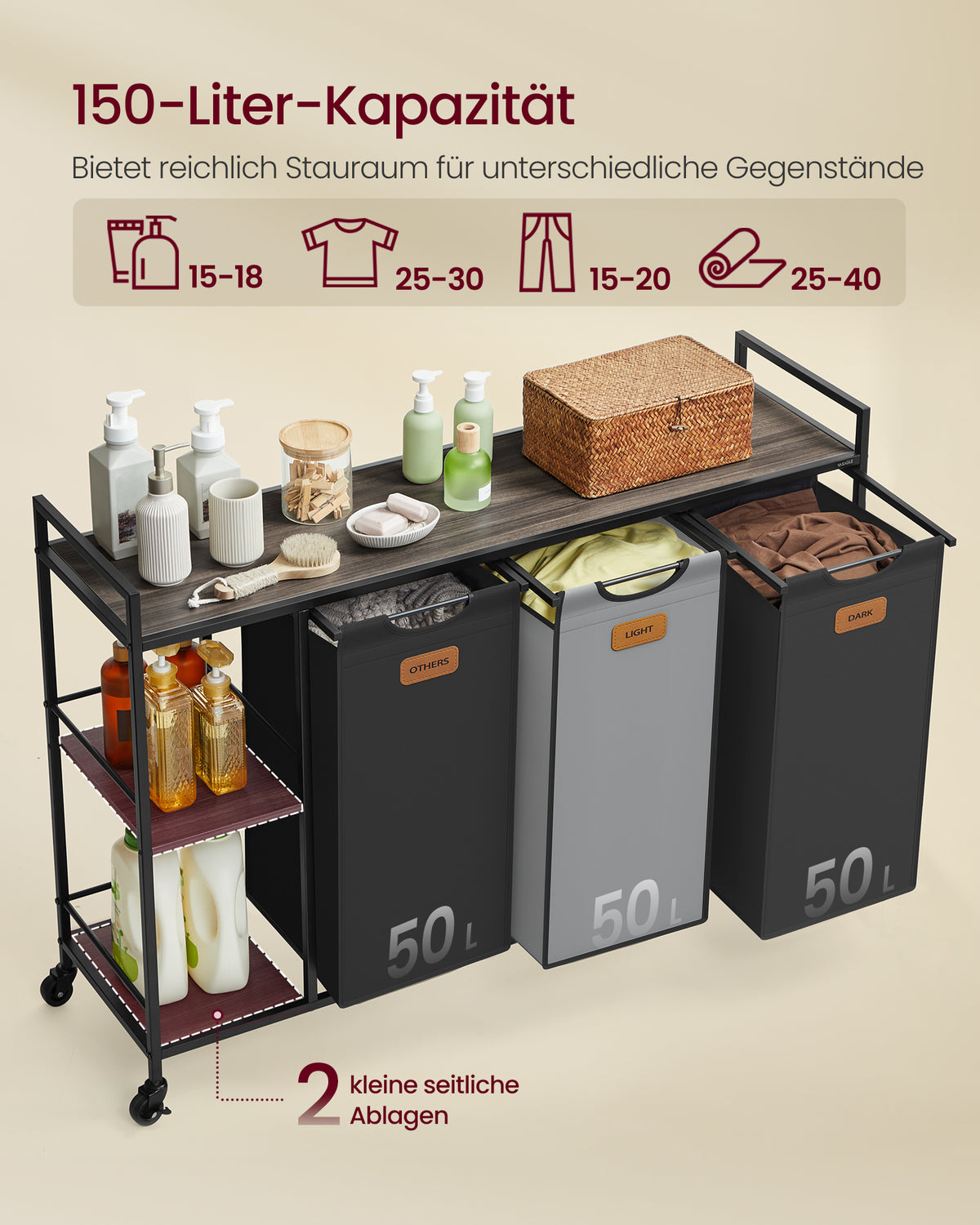 Wäschekorbwagen 2 x 50L - Wäschekorb mit Rädern