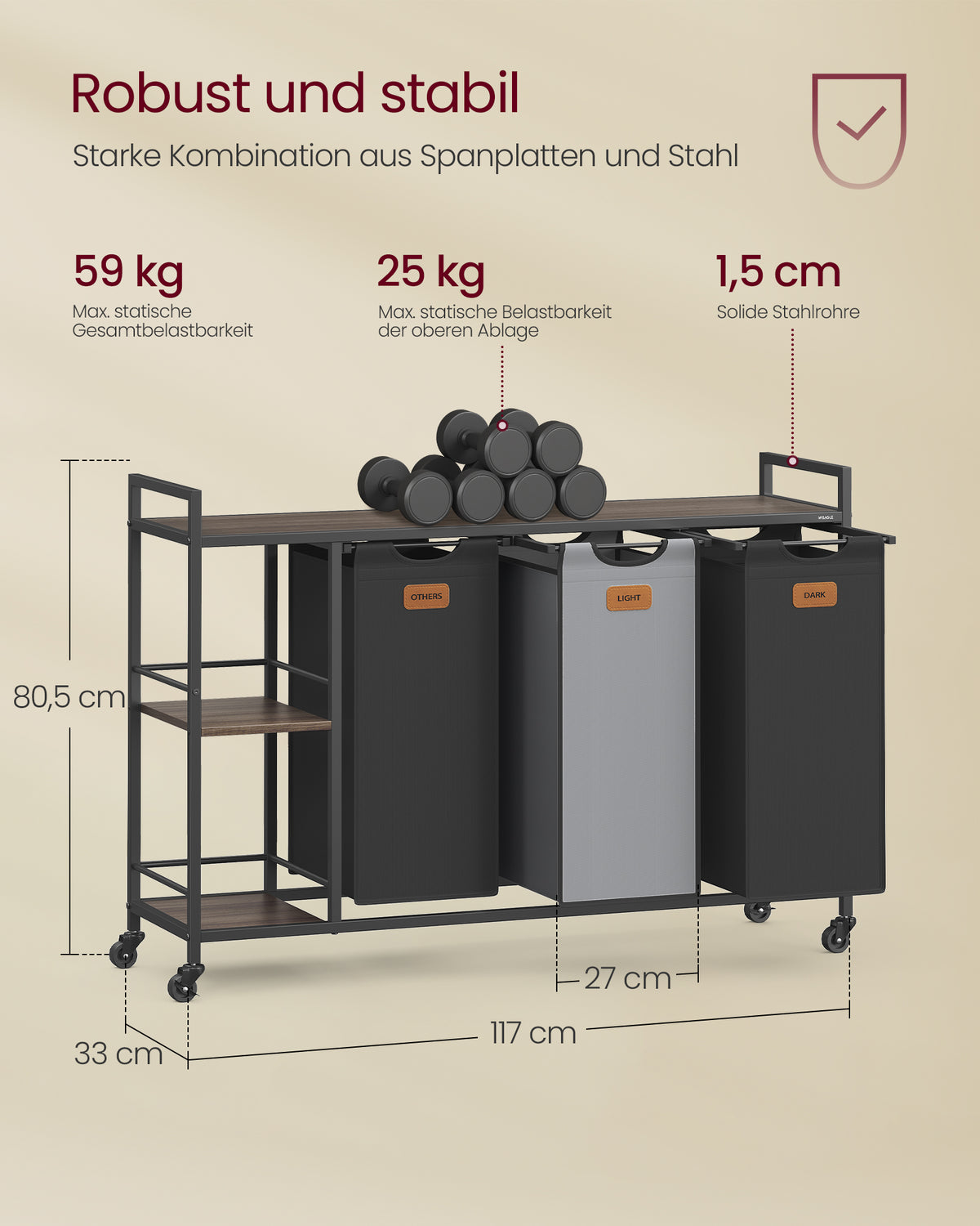 Wäschekorbwagen 2 x 50L - Wäschekorb mit Rädern