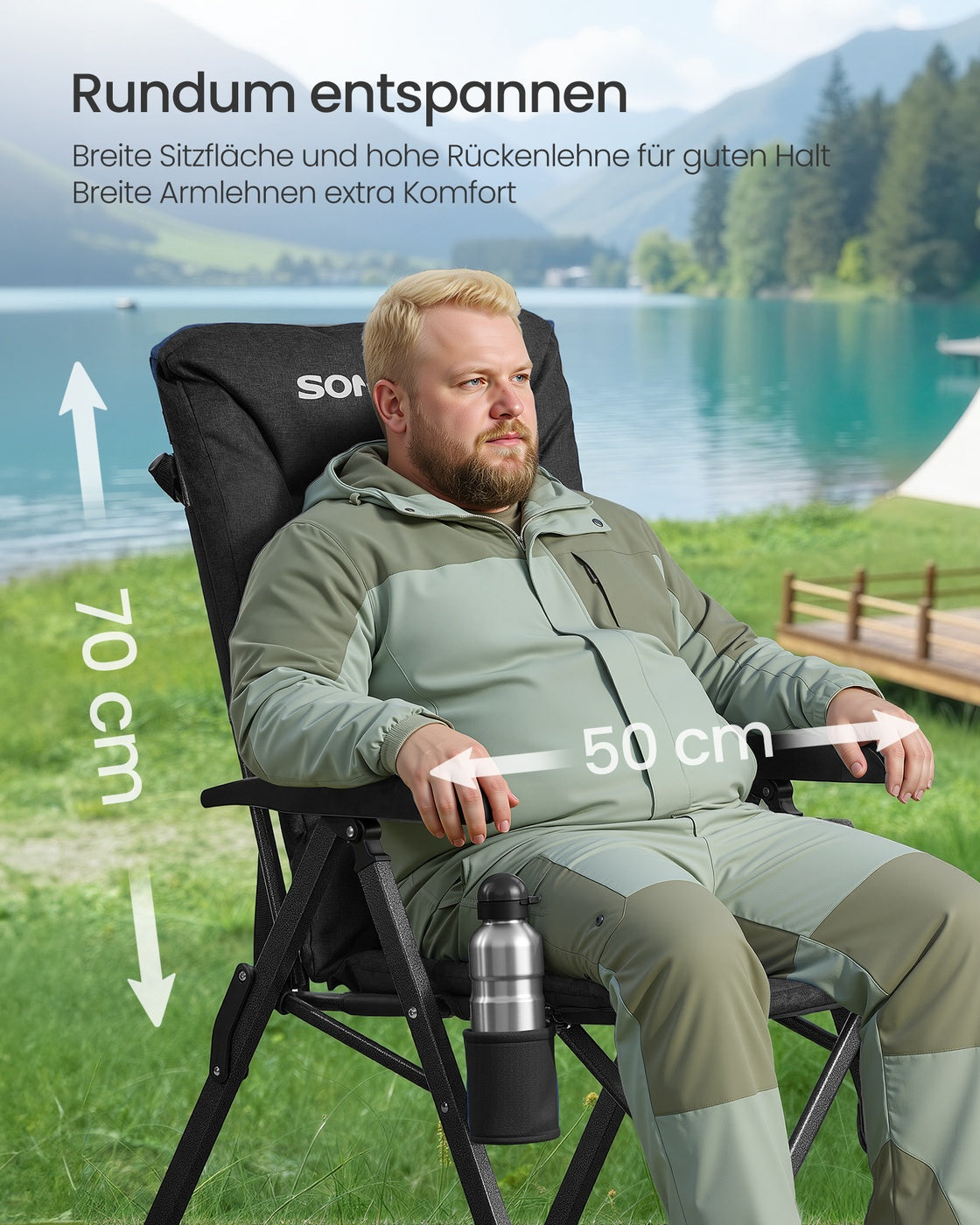 Verstellbarer Campingstuhl – Klappstuhl mit hoher Rückenlehne – mit Getränkehalter und Aufbewahrungstasche