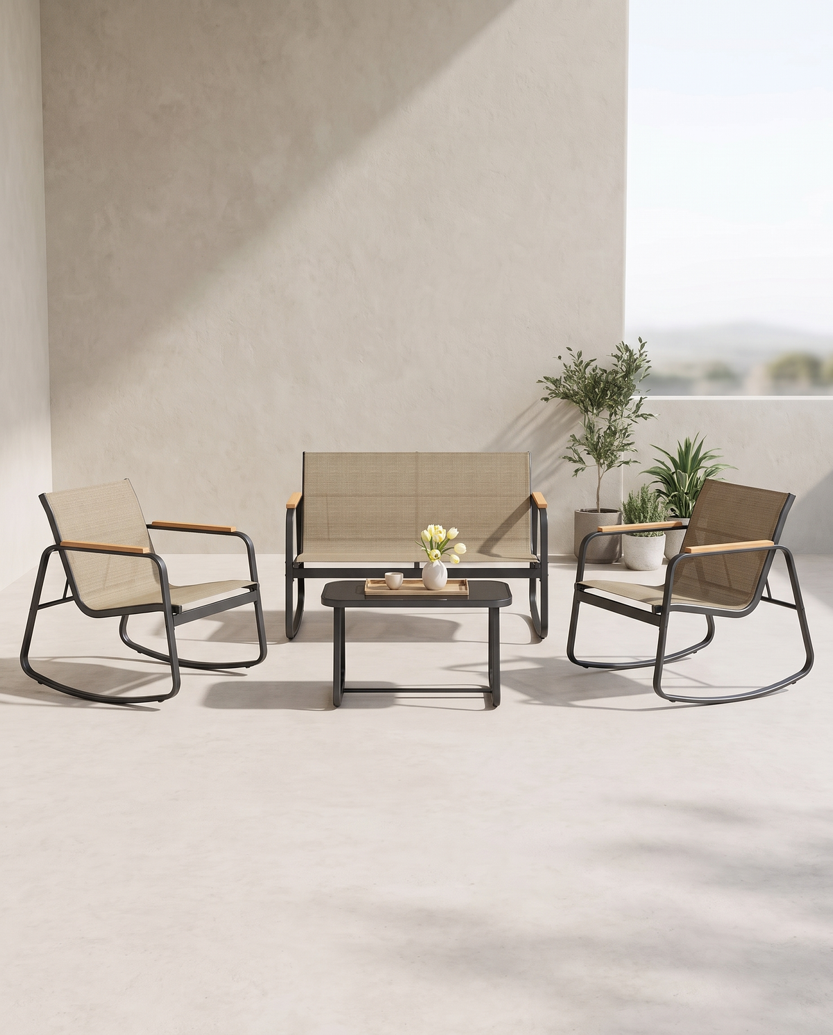 Gartenset 4-teilig - Balkonset - 2 Stühle und Bank mit Beistelltisch