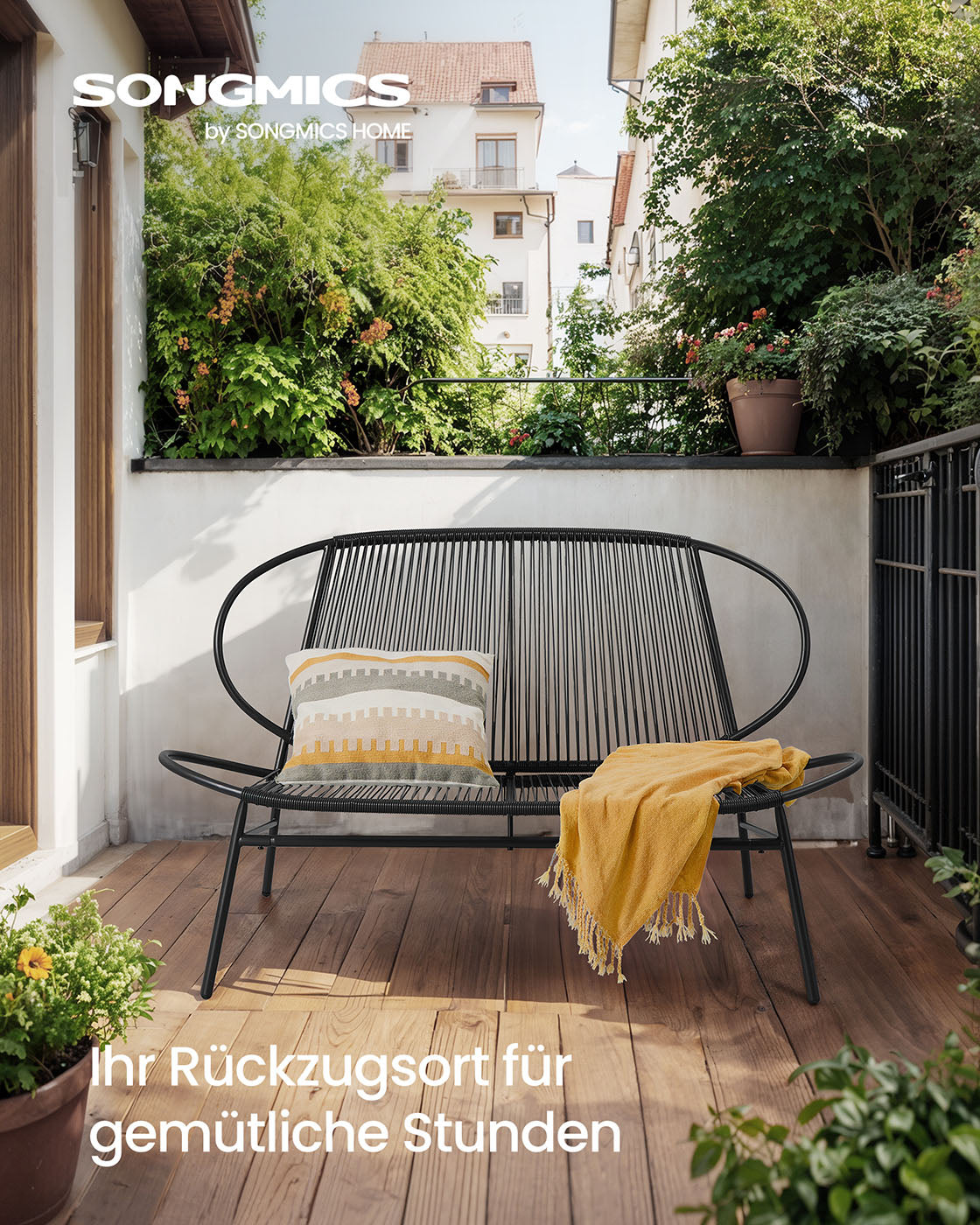 Rattan Balkonbank - Gartenbank - Schwarz
