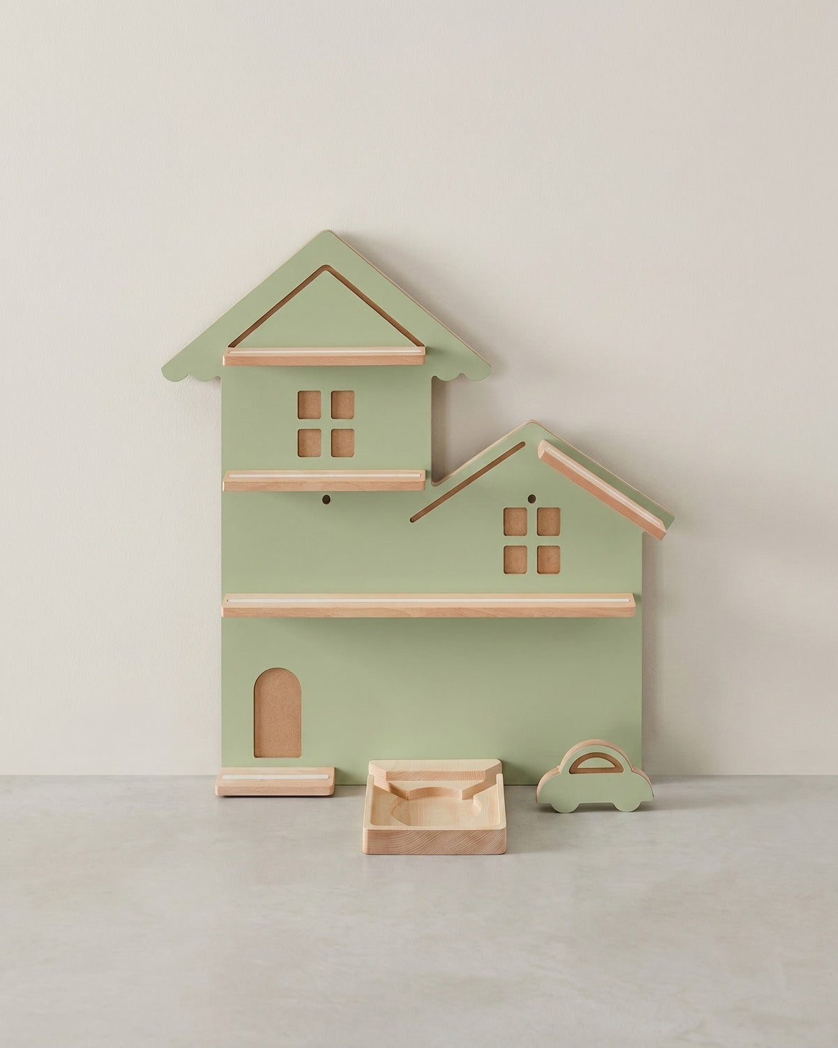 Wandregal für Toniebox und Figuren - Straßendesign - Mit magnetischen Ablagen aus Buchenholz - Inklusive Kabelhalter - 55,6 cm breit
