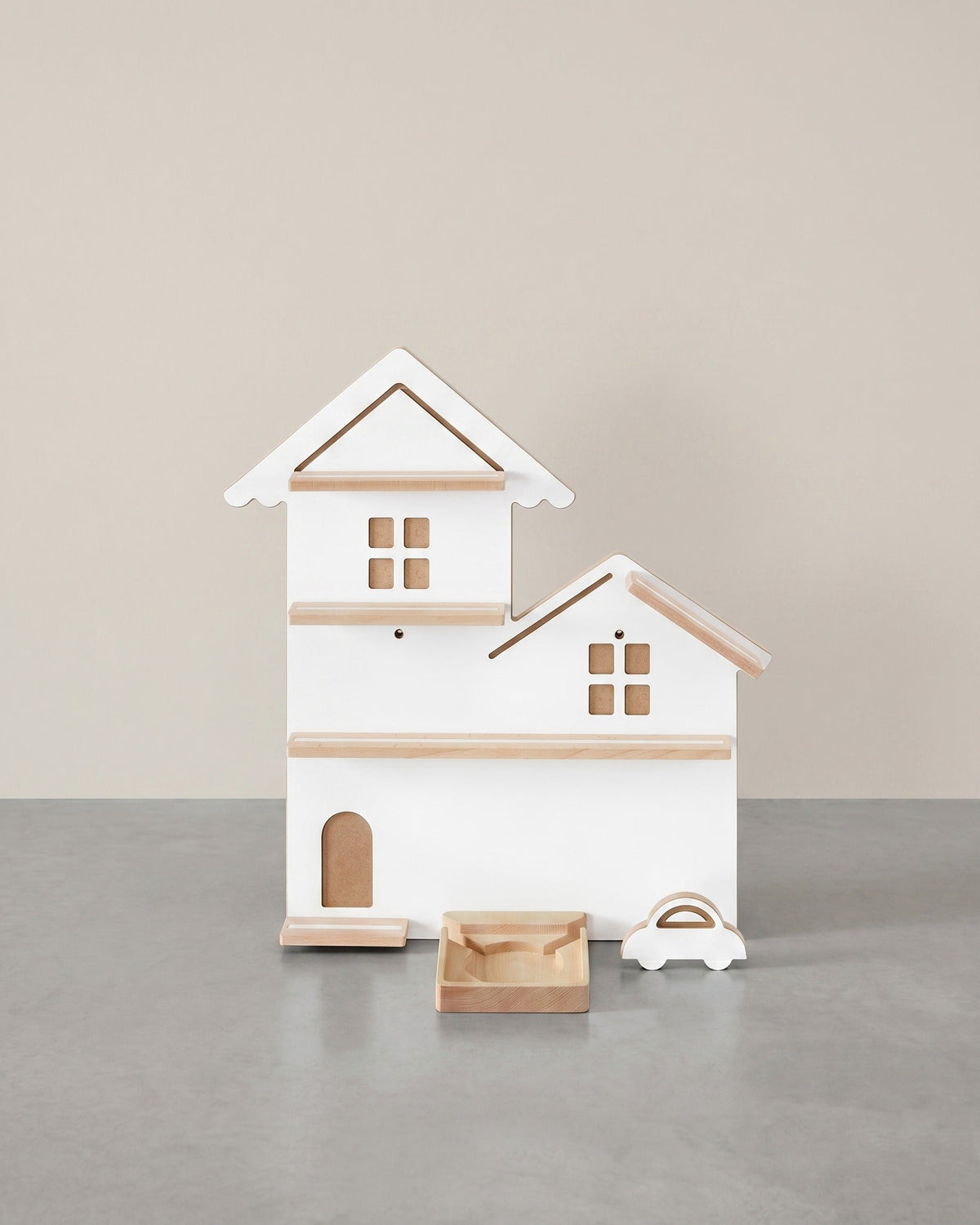 Wandregal für Toniebox und Figuren - Straßendesign - Mit magnetischen Ablagen aus Buchenholz - Inklusive Kabelhalter - 55,6 cm breit