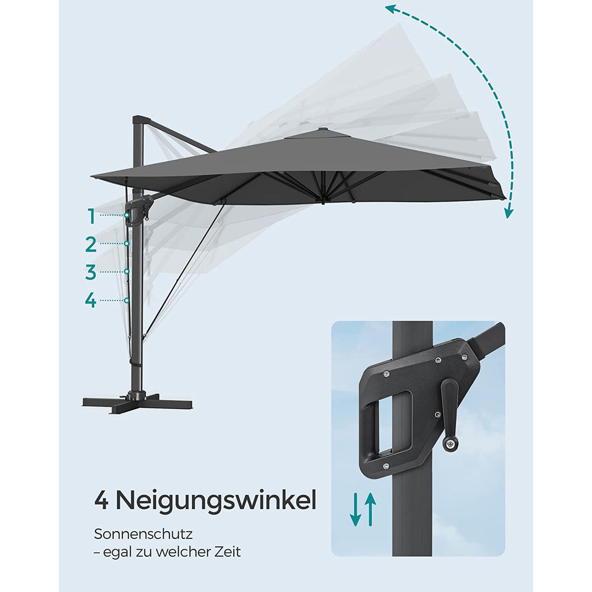 Ampelschirm 290 x 290 cm - Stufenlos verstellbar - Neigbar und 360° Drehfunktion