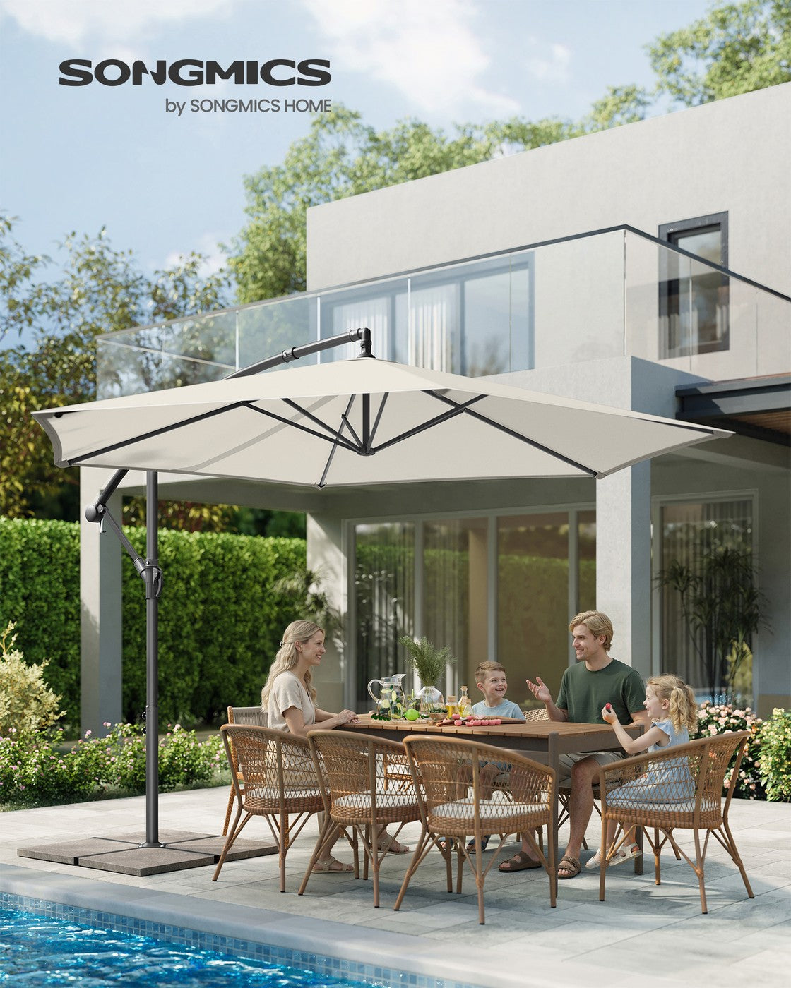 Sonnenschirm mit LED-Solarbeleuchtung – mit Ständer – UV-Schutz 50+ – schwenkbar – für Balkon und Garten