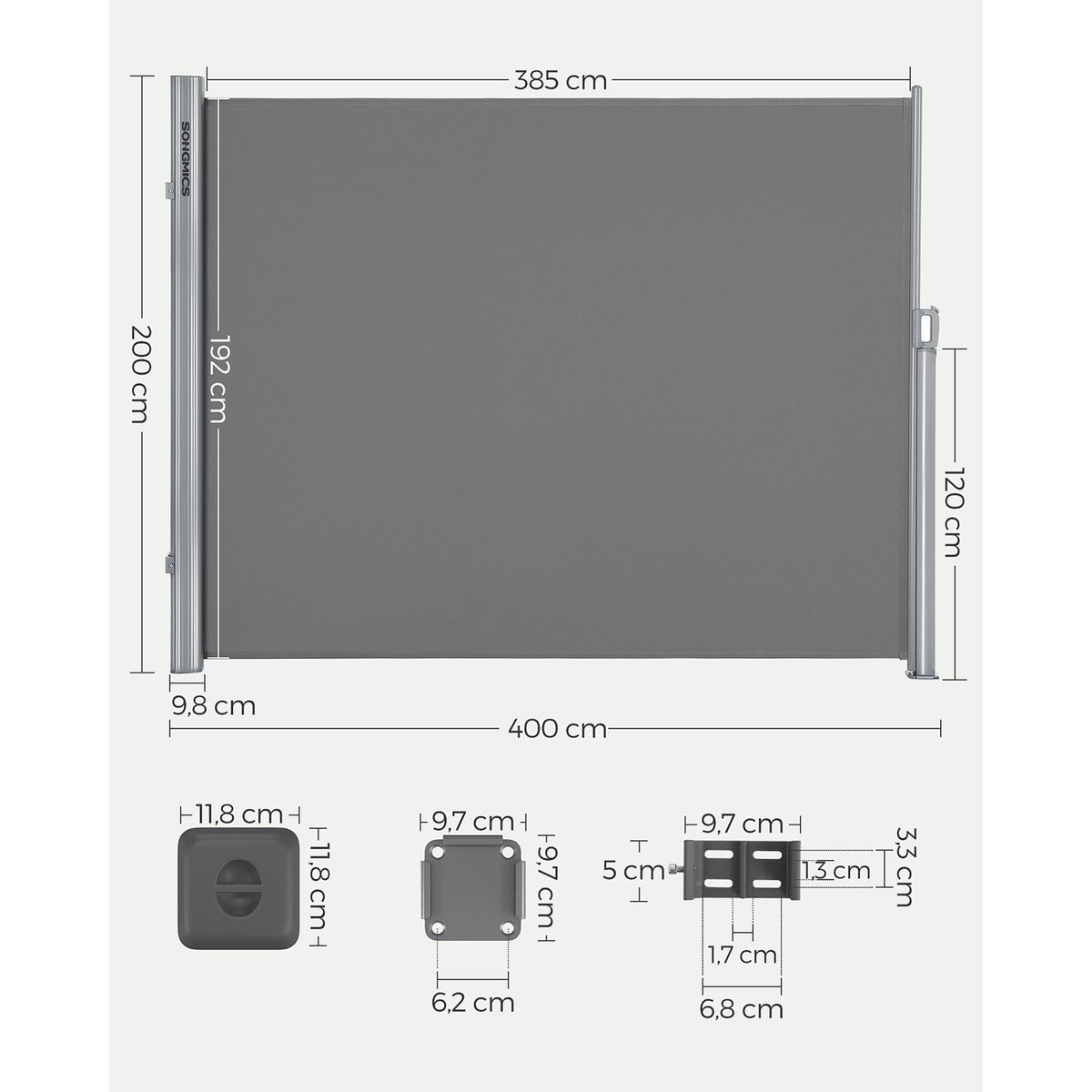 Ausziehbare Seitenmarkise - Gartenmarkise - Balkonmarkise - 200 x (300-350-400) cm
